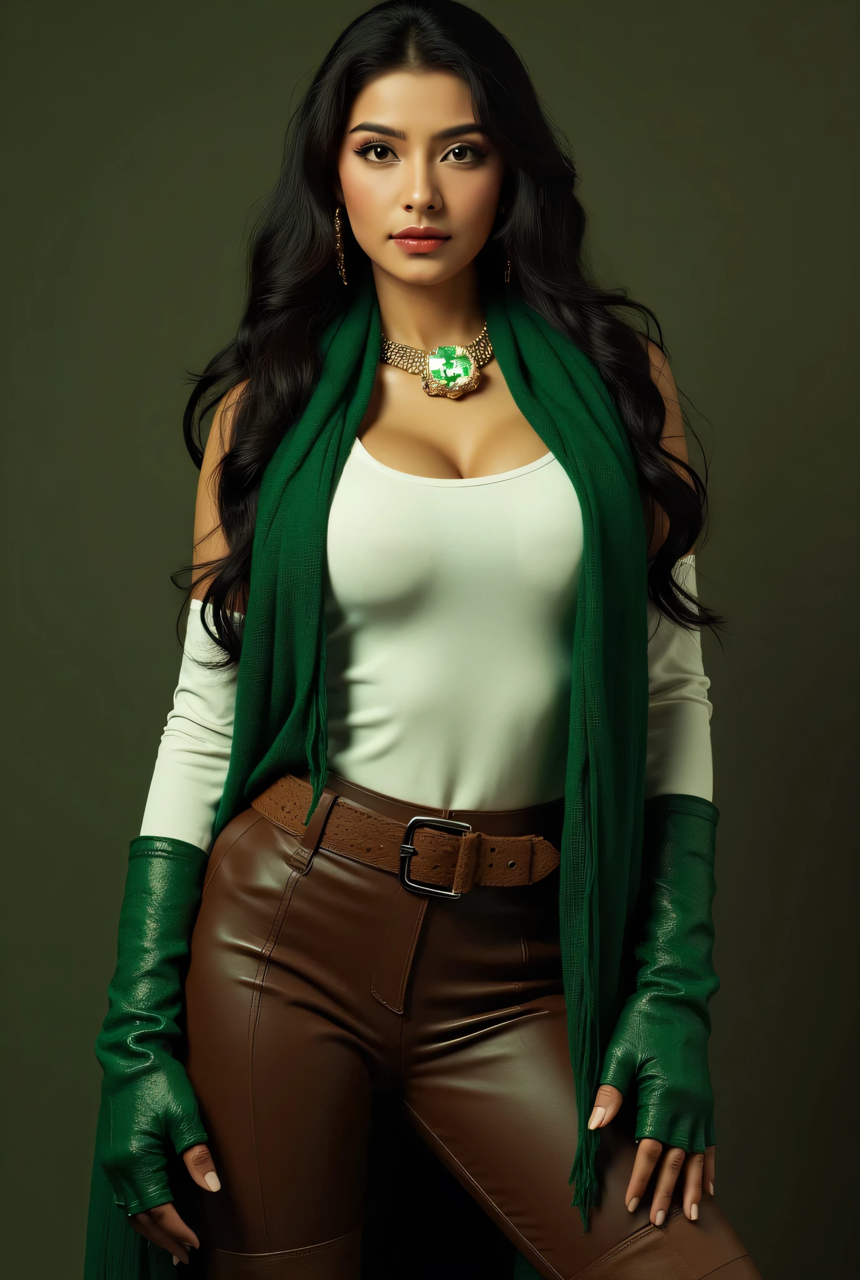 A beautiful brunette witch with long, dark brown hair, almond-shaped eyes, full pink lips, and arched eyebrows. She wears a white top with long sleeves, a short green scarf draped on her shoulders, a glowing green necklace, and rubber fingerless green gloves. Her fitted brown leather pants complement her high leather boots. She stands confidently, exuding mysticism and power. max quality, hdr, realistic, cinematic lighting, perfect lighting, wide hips, slim body