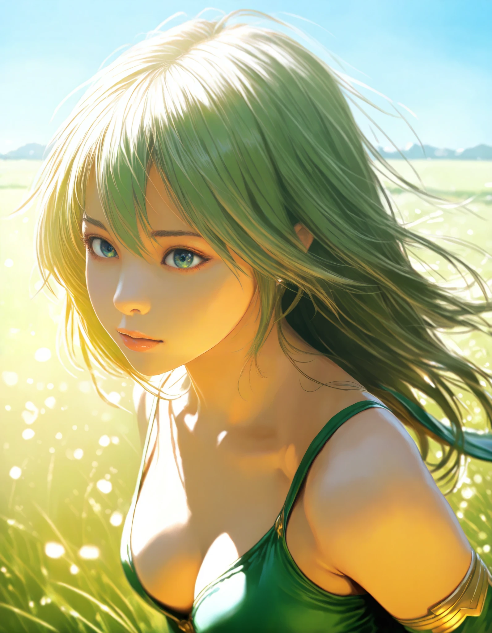 masterpiece, high score, great score, absurdres, 16k, Ultra detailed, (photorealistic : 0.65), 1girl, rydia \(ff4\), final fantasy, grassland, blue sky, year 2016, upper body