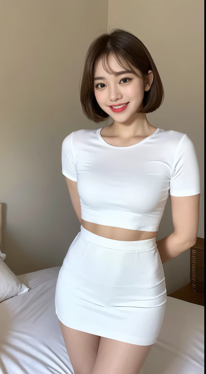 White tight shirt、White tight skinny mini skirt、bed、smile、Short sleeve、high resolution、Korean idol face、double eyelid、White teeth、Medium Hair
