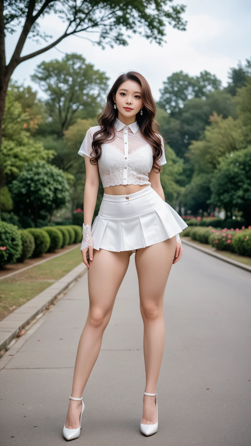 creates a 25-year-old anime girl with a yellow ball gown with wide hips and large breasts with a landscape of a park with tables