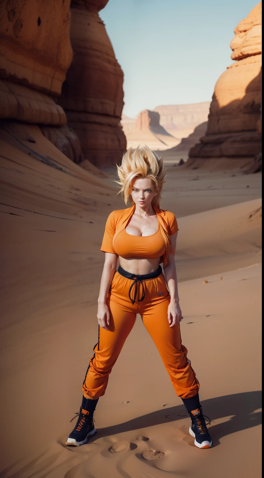 Super Saiyan Sexy Big Breasts Naked Athletic Body Gold hair orange pants and orange shirt setting desert with undergrowth a woman ki from Super Sayajin