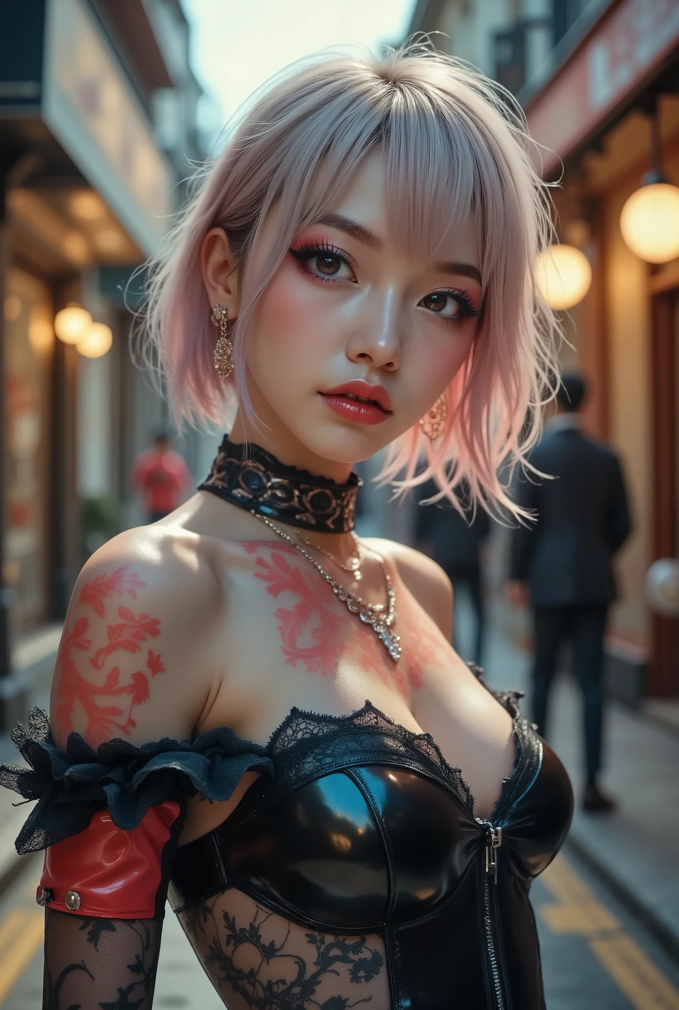 Realistic ((Photorealistic realism)), ((ultra-high res)) ,((ultra insanel quality, intricately detailed digital art)), ((focus on extremely Realistic Proportion Body:1.3)),(portrait),((a cute and very beautiful, 1 Japanese, 30yo, famous Kpop idol:1.35)), (ultra realistic texture details: velvety skin, hair), ((sharp focus, no blurry eyes, high resolution, Hyper-details realistic brown_eyes:1.35)),((extra narrow eyebrows)),(Carefully draw Long blue_mascara:1.25),(perfect round eyes)(finely detailed pupils,(extremely fine details pupils)),detailed lips:1.3,(apply glossy pink_lipstick:1.3), (perfect proportions:1.2), ((red bodysuit((lace fishnets, mesh stocking:1.3,  intricately details)))), ((wear pink cropped bodysuit:1.5)), ((((red Hair:1.4)),Long red Hair, slick two side up,Crossed bangs,between hair)), dslr, high quality split lighting, sharp focus captured by Fujifilm XT3, f 5.6,(perfect composition),((look at the viewer)), 