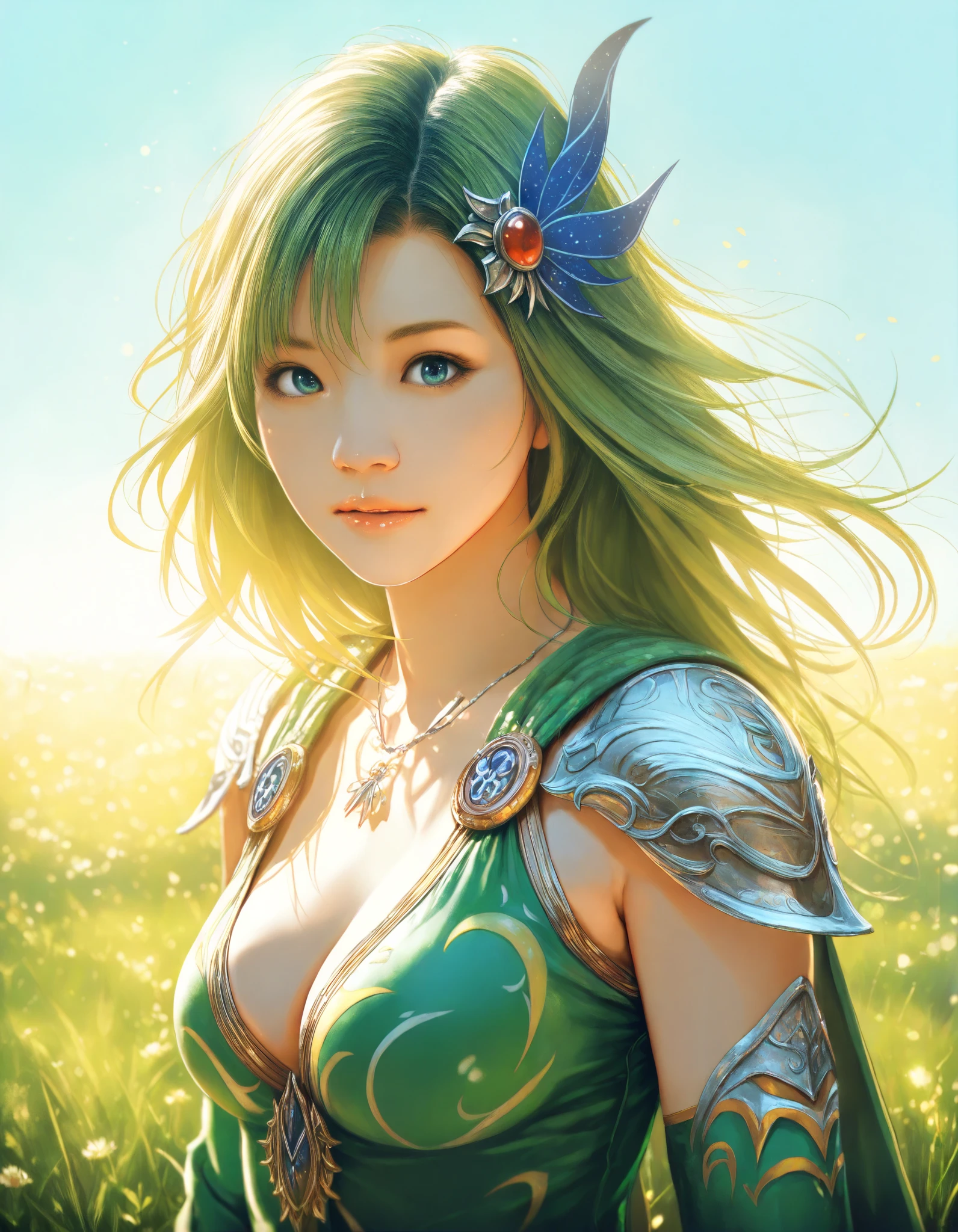 masterpiece, high score, great score, absurdres, 16k, Ultra detailed, (photorealistic : 0.65), 1girl, rydia \(ff4\), final fantasy, grassland, blue sky, year 2016, upper body
