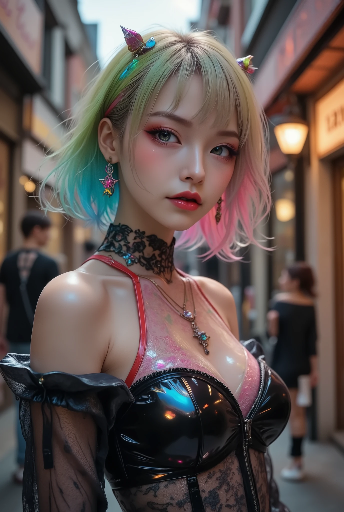 Realistic ((Photorealistic realism)), ((ultra high-res)) ,((ultra insanel quality, intricately details digital art)), ((focus on extremely Realistic Proportion Body:1.3)),(portrait),((a cute and very beautiful, 1 Japanese, 30yo, famous Kpop idol:1.35)), (Ultra-realistic textures details: velvety skin, hair), ((sharp focus, no blurry eyes, high resolution, Hyper-details realistic brown_eyes:1.35)),((extra narrow eyebrows)),(Carefully draw Long blue_mascara:1.25),(perfect round eyes)(finely detailed pupils,(extremely fine details pupils)),detailed lips:1.3,(apply glossy pink_lipstick:1.3), (perfect proportions:1.2), ((red bodysuit((lace fishnets, mesh stocking:1.3, intricately details)))), ((wear pink cropped bodysuit:1.5)), ((((red Hair:1.4)),Long red Hair, slick two side up,Crossed bangs,between hair)), dslr, high quality split lighting, sharp focus captured by Fujifilm XT3, f 5.6,(perfect composition),((look at the viewer)),