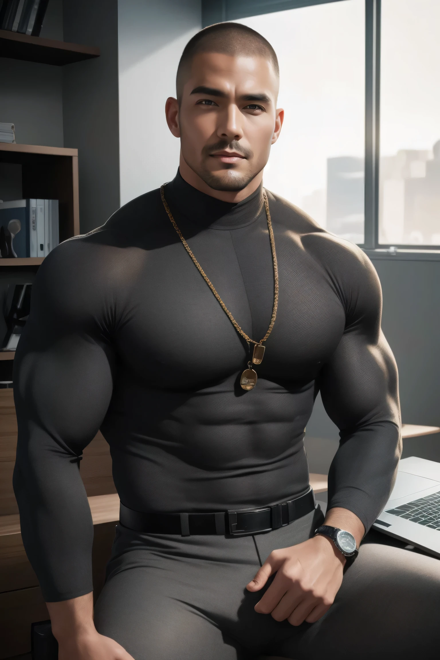 1个 muscular man, buzz cut,Sit in an upscale office,Work with a laptop , Wear a high neck ski warm tights, He has a sad expression, Lift your chin, messy hair, thick thighs , High Aims Neck Long Sleeve Gray Brown Superhero Bodysuit, Very tight, Regular symmetrical pattern, High Aimslight muscles, 警服裤, character concept (Buzz Cut Muscular Man Cop) proud expression, Deep charming eyes, Heroic male pose, tall Burly, Muscular ! Muscular thighs, Tough Guy, Perfect facial features, High Aims, Burly, Heqiang, Super exquisite and cool, High Aims Resolution Committee, Extraordinary Charm , The sun is strong, is dazzling