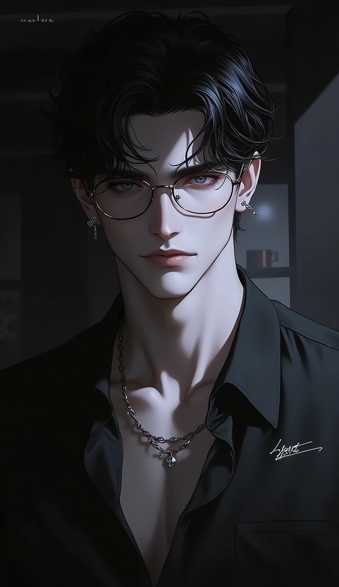 超 Hi-Res , Hi-Res, Portrait Details , Hi-Res, Masterpiece, top quality, Very Exquisite Face , Ultra-detailed anime-style illustration of a handsome man, cinematic lighting, sharp shadows, high contrast, smooth skin, detailed clothing, semi-realistic , dark theme, masterpiece, 8k uhd, wearing glasses