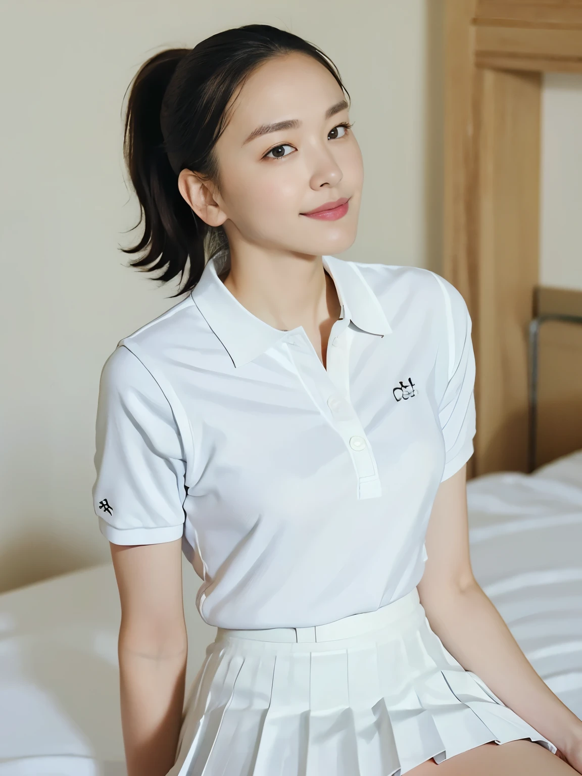 ( Masterpiece, top quality: 1.2), ( super real, photorealistic: 1.2), full body, slender body, from above, from side, Sitting, ( provocative pose : 1.2), bedroom eyes, ( Beautiful Thighs: 1.1), natural light, 28 year old actress, Japanese woman, clean and clean , ( Short Wavy Hairstyle with Ponytail: 1.1), short wave hair that opens the crotch of the bed, (( is wearing a white tennis uniform, white short sleeve polo shirt: 1.2)), ( button: 1.3), (( wears a white tennis pleated skirt: 1.3)), wearing white socks , ( beautiful face), Oval Face, clear , beautiful eyes, kind eyes , clean skin, Small face, Beautiful mouth, small mouth, Natural Cosmetics, Friendly, charming smile, I'm embarrassed, , luxury hotel suite with unbuttoned shirt, on the bed,