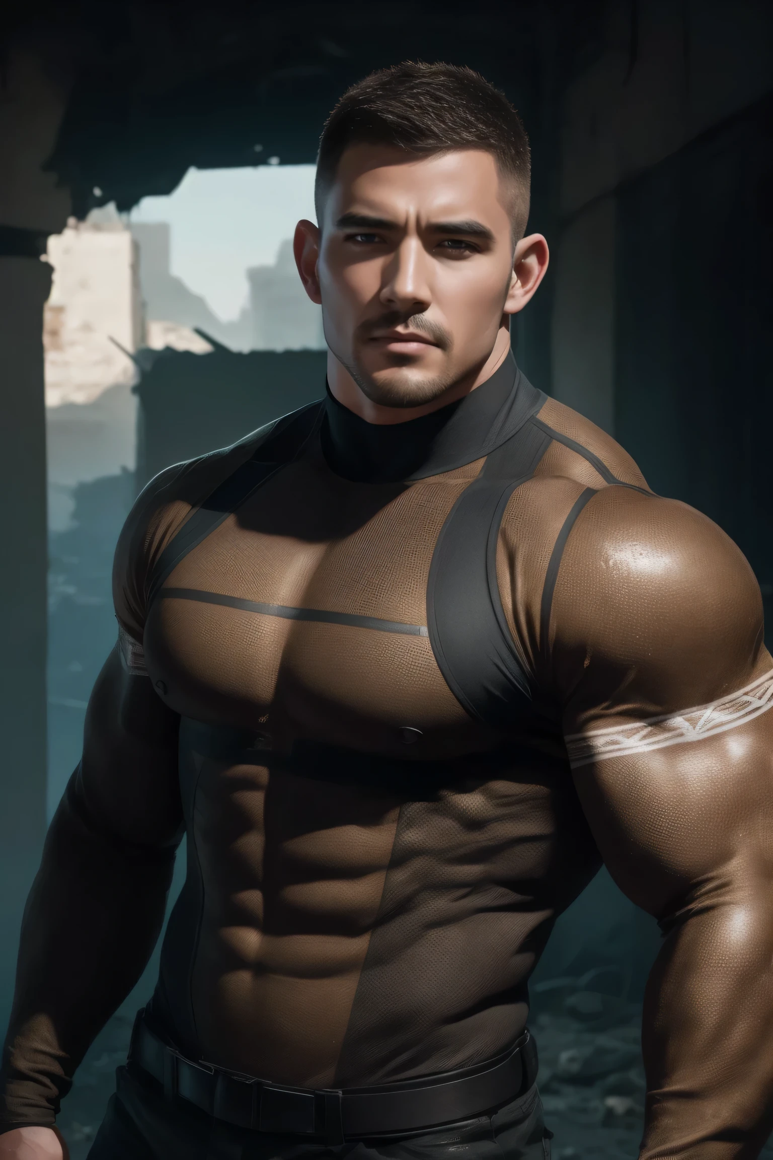 1boy, Chris Redfield, solo, facial hair,34 yrs old, dom, male focus, flaccid penis, pectorals, bara, muscular, mature male, muscular male, abs, beard, ring nipples, short hair, navel, stomach, large pectorals, thick eyebrows, bare pectorals, fair-skinned male, erection, thighs, wrench_genshin_style, erection under clothes, captain America costume, bodysuit, latex bikesuit , dark skin, tie, open shirt, pectoral cleavage, cowboy shot, captain America uniform, feet out of frame, thick thighs, looking at viewer, masterpiece, 4k, high quality, highres, absurdres,