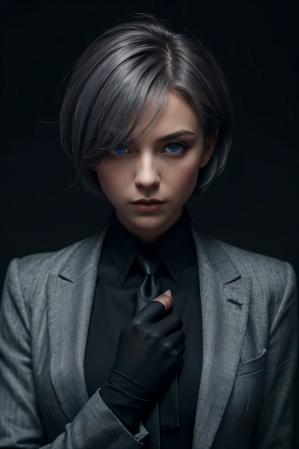 1 woman, Bethel, blue eyes, medium chest, short tied hair, gray hair, hair above one eye, black Gloves, alone, black business suit, black necktie, long sleeves, black shirt, serious look, (masterpiece), (best quality), (very detailed), simple background, coat on shoulder.