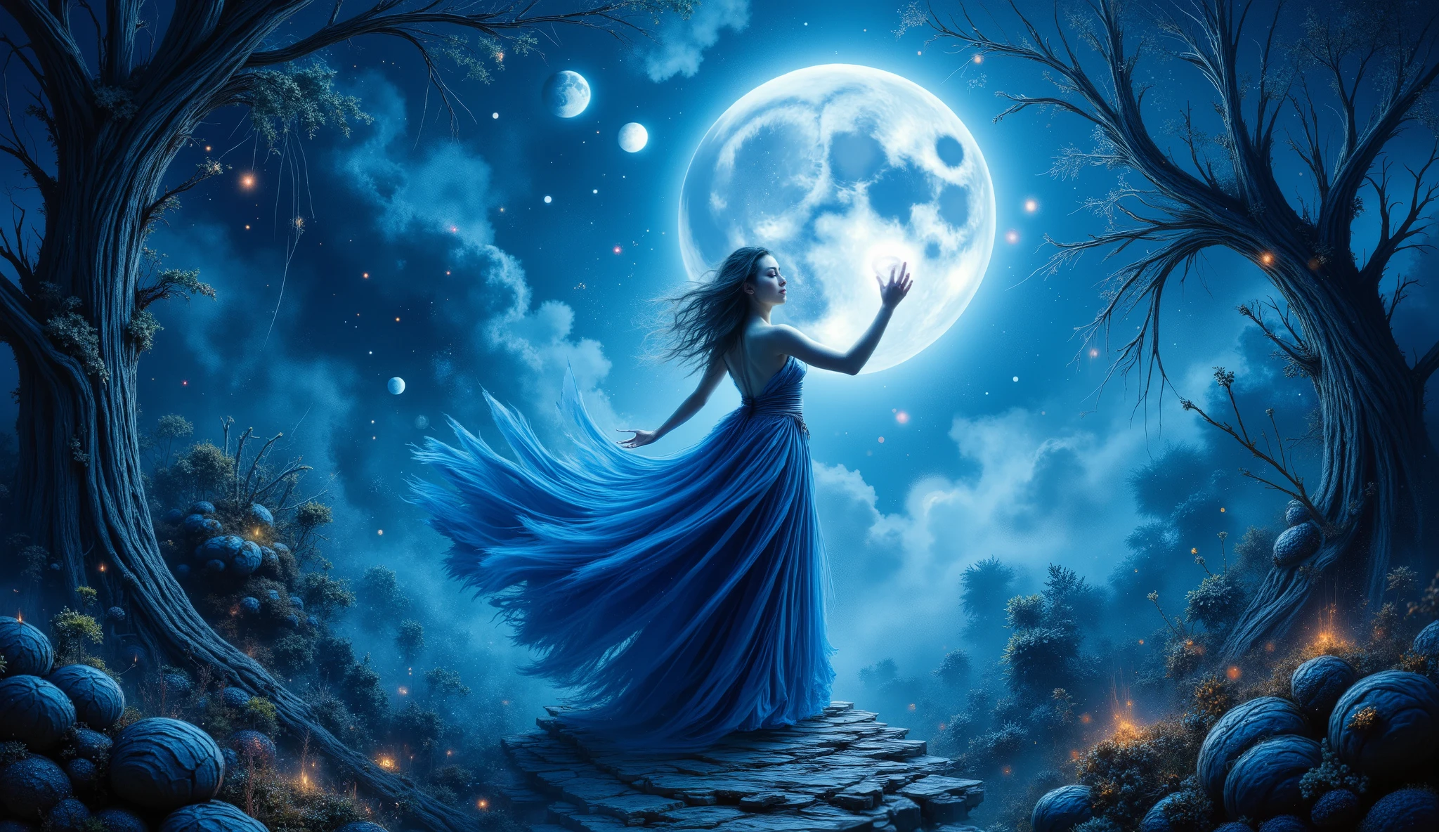 a mystical scene featuring a woman dressed in a flowing blue gown, gracefully standing with her arm outstretched. She holds a crystal ball that glows in the moonlight, enhancing the magical ambiance. Behind her, a large full moon illuminates the night sky, surrounded by several smaller moon phases, contributing to the ethereal atmosphere.
The setting includes gnarled trees, which add a sense of mystery and intrigue, contrasting with the serene expression of the woman. The flowing fabric of her gown appears to dance with the night breeze, creating a dynamic, enchanting visual. Overall, the artwork conveys themes of enchantment, connection with nature, and the mysteries of the night.