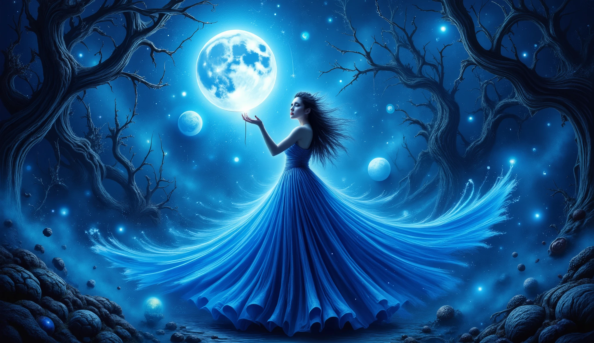 a mystical scene featuring a woman dressed in a flowing blue gown, gracefully standing with her arm outstretched. She holds a crystal ball that glows in the moonlight, enhancing the magical ambiance. Behind her, a large full moon illuminates the night sky, surrounded by several smaller moon phases, contributing to the ethereal atmosphere.
The setting includes gnarled trees, which add a sense of mystery and intrigue, contrasting with the serene expression of the woman. The flowing fabric of her gown appears to dance with the night breeze, creating a dynamic, enchanting visual. Overall, the artwork conveys themes of enchantment, connection with nature, and the mysteries of the night.
