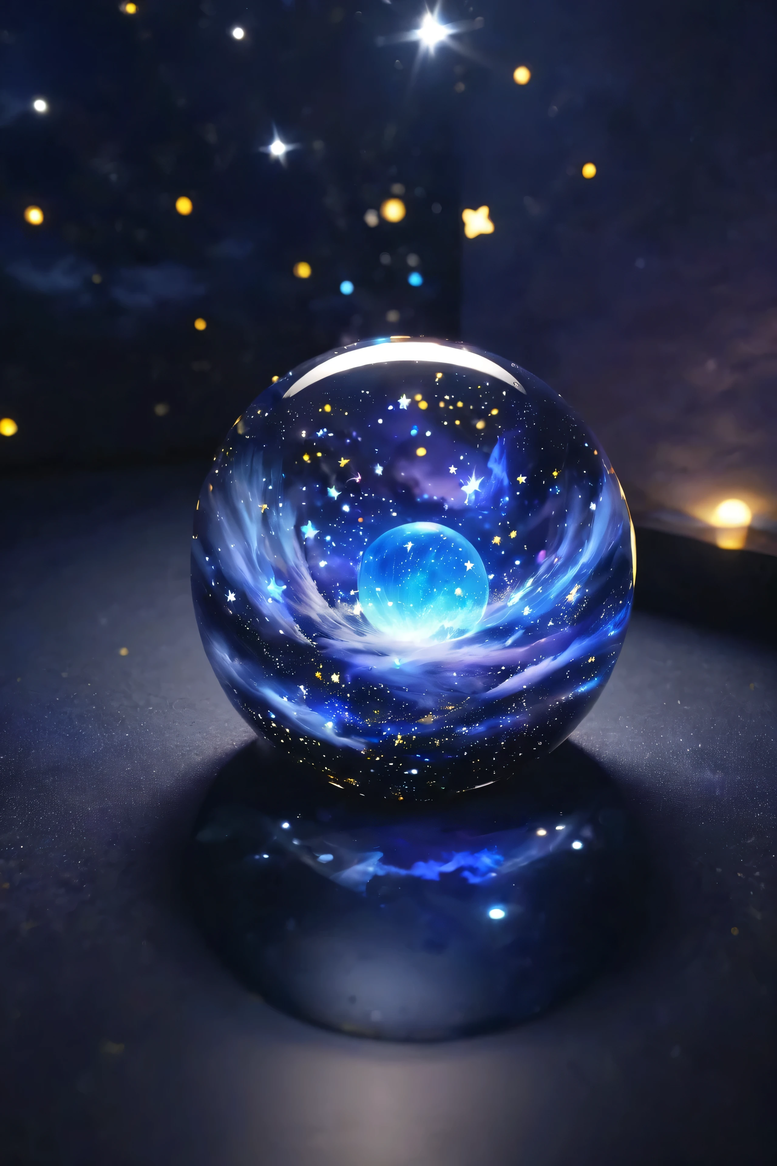 glass sphere、There are a lot of stars inside、 beautiful clouds、 Fantastic、 high image quality、 midnight、Near future