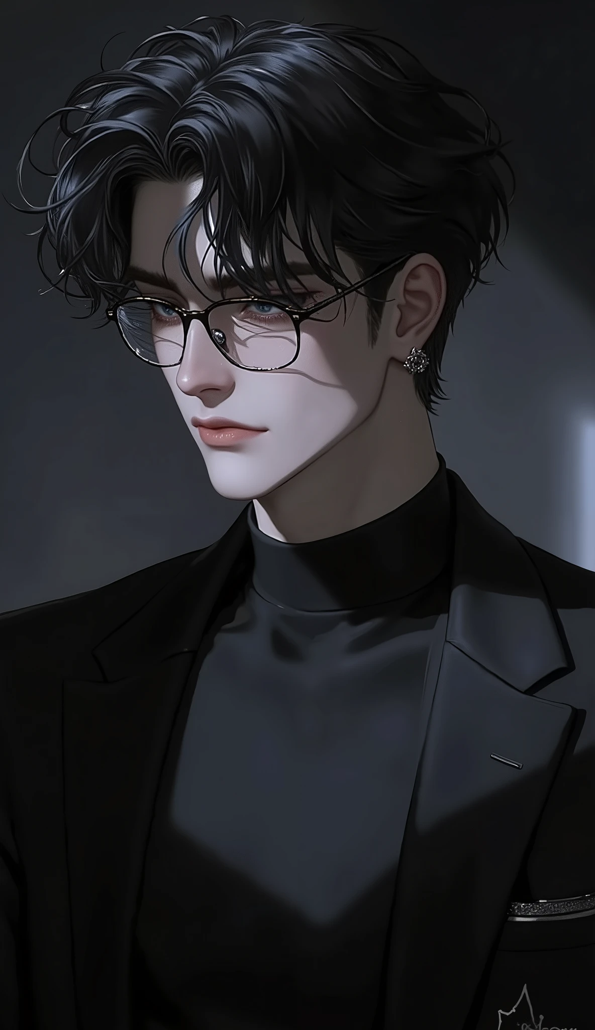 超 Hi-Res , Hi-Res, Portrait Details , Hi-Res, Masterpiece, top quality, Very Exquisite Face , Ultra-detailed anime-style illustration of a handsome man, cinematic lighting, sharp shadows, high contrast, smooth skin, detailed clothing, semi-realistic , dark theme, masterpiece, 8k uhd, wearing glasses