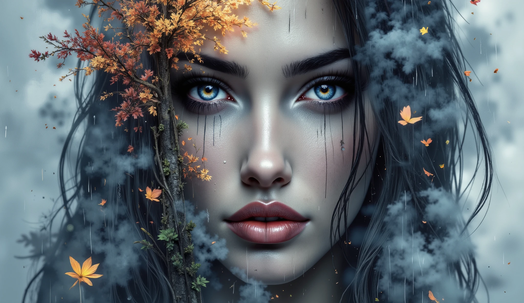 Ephemeral image, double exposure, the pellucid face of an alluring beautiful young Caucasian woman with dark red lipstick, autumnal trees, raining, dark background 