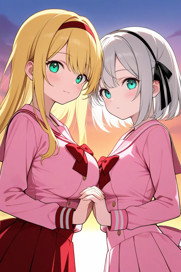 2 girls fighting back、 staring at each other、( blonde long hair、 green eyes、Big Breasts、A pair of hair ribbons left and right)、 blush、( silver hair, short hair、Aqua Eyes、 small tits、hair band style ribbon)、pale pink sailor suit、 red skirt(Black Line) sunset sky、 hold hands