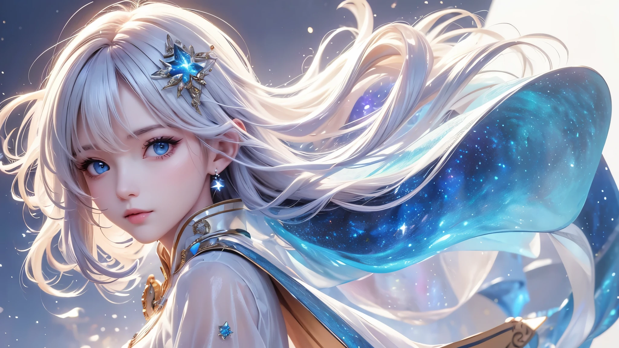 ((masterpiece)), ((( best quality))), (( Very detailed)), ((shape)),[ Realistic Light Effects ],shadow,( Fantasy Style ),(White background:1.6), simple background, (Earth Theme),(Cape)[(Hair Focus,(( one girl )),[( Big Slime Hair ): (Cloud Hair):0.3], (Background Hair ),( high saturation ),( Hair Surrounded by Galaxy Splash),)):(( Her Hair Is Made of Galactic Clouds ,:1.27628), ( Her Hair and Clothes Are Galactic Clouds and Star Clusters :1.1025),(Cape is becoming galaxy clouds).(see-through dress),(sasha)