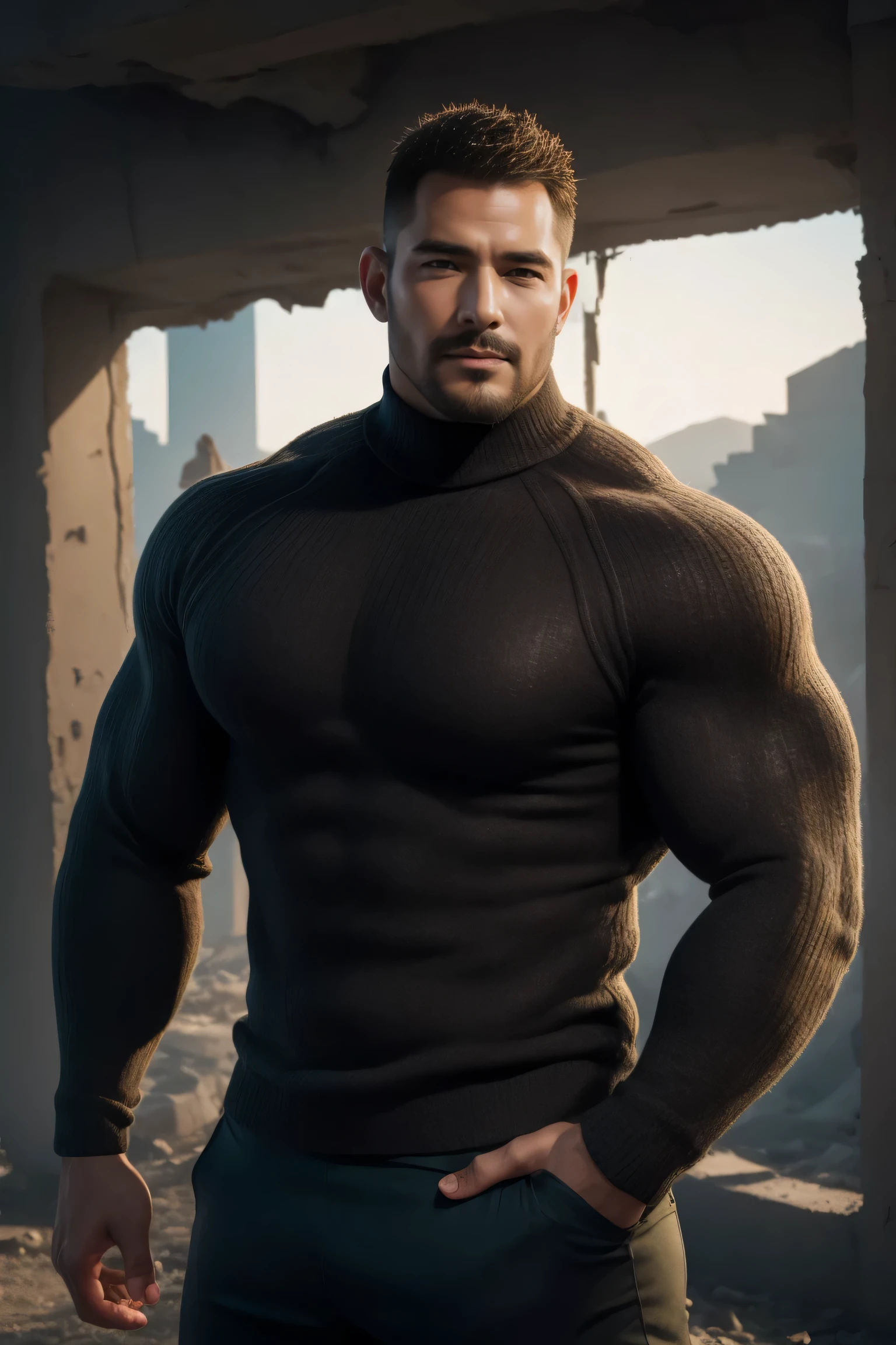 1个 muscular man, buzz cut,Ruins in an abandoned city, Wear a long-sleeved, high-neck ski thermal tights, Soft and waxy texture of the sweater,He has a sad expression, Lift your chin, messy hair, thick thighs , Wear a long-sleeved, high-neck ski thermal tights, Soft and waxy texture of the sweater,, Very tight, Regular symmetrical pattern, High Aimslight muscles, 警服裤, character concept (buzz cut Chris Redfield) proud expression, Deep charming eyes, Heroic male pose, tall Burly, Muscular ! Muscular thighs, Tough Guy, Perfect facial features, High Aims, Burly, Heqiang, Super exquisite and cool, High Aims Resolution Committee, Extraordinary Charm , The sun is strong, is dazzling