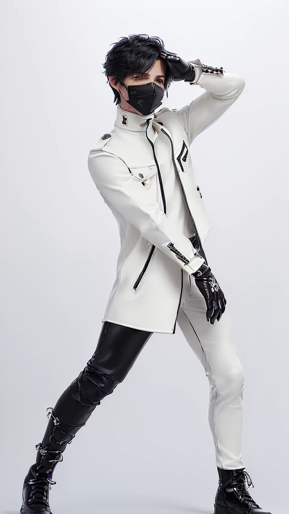 Man wearing white stockings, a black leotard and a black leather jacket, black boots and gloves