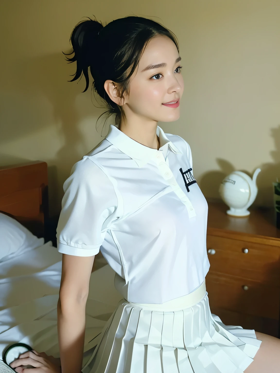 ( Masterpiece, top quality: 1.2), ( super real, photorealistic: 1.2), full body, slender body, from above, from side, Sitting, ( provocative pose : 1.2), bedroom eyes, ( Beautiful Thighs: 1.1), natural light, 28 year old actress, Japanese woman, clean and clean , ( Short Wavy Hairstyle with Ponytail: 1.1), short wave hair that opens the crotch of the bed, (( is wearing a white tennis uniform, white short sleeve polo shirt: 1.2)), ( button: 1.3), (( wears a white tennis pleated skirt: 1.3)), wearing white socks , ( beautiful face), Oval Face, clear , beautiful eyes, kind eyes , clean skin, Small face, Beautiful mouth, small mouth, Natural Cosmetics, Friendly, charming smile, I'm embarrassed, , luxury hotel suite with unbuttoned shirt, on the bed,