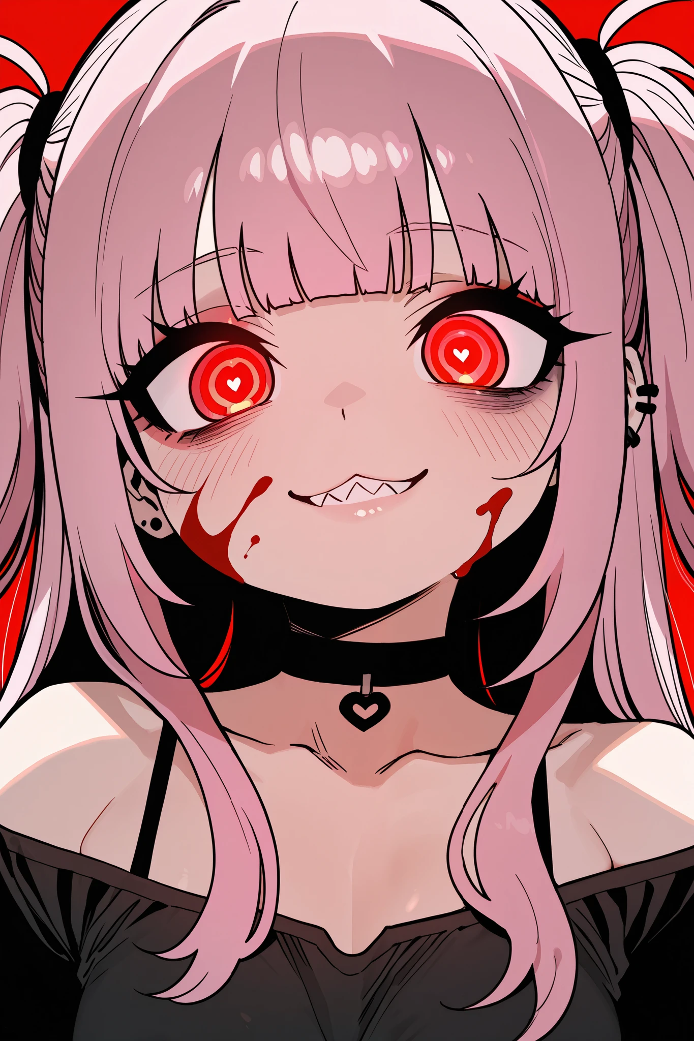 masterpiece, best quality, amazing quality, high contrast, highres, absurdres, (ratatat74 style:0.7), (ssambatea style:0.8), 1girl, solo, pink hair, messy hair, long hair, half-up pigtails, blunt bangs, eyeshadow, red eyes, ringed eyes, glowing eyes, heart pupils, bags under eyes, sharp teeth, black lips, short sleeves black T-shirt, off-shoulder neckline, ear piercing, choker, gothic, red background, blood on face, mutsuki face, chibi, portrait, close-up, smile, :3