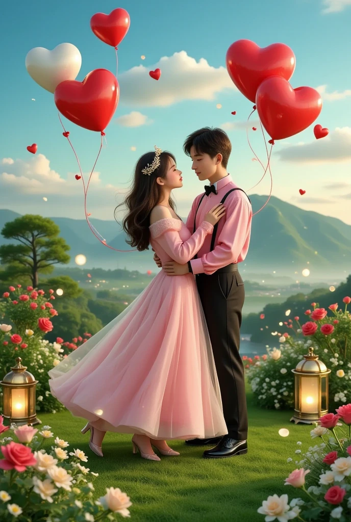 Sharing a romantic dance , Valentine's Day,一对情侣在迷人的garden中心跳浪漫的舞蹈. The scene is illuminated by floating candles and lanterns , projects a warm , softly. garden , From the delicate petals of flowers to the lush green leaves , The intricate details are presented in amazing 8K resolution . The couple, Lost in your arms , radiates a deep sense of love and connection . The atmosphere is full of magical and dreamy quality , The surrounding environment is enhanced by soft light and serene beauty .