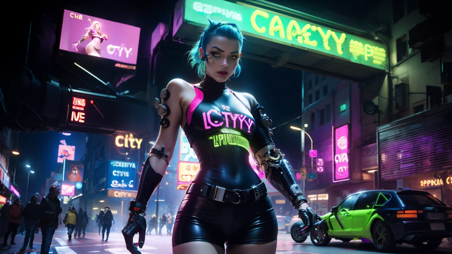 Eu gostaria de uma imagem estilo cyberpunk em 4k , obra prima, 3 personagens homens e mulheres cyberpunk futuristica, africano , 35 anos, pele negra ,barba grande,com cabelo punk estilo anos 80 na cor amarelo ,muito eLegante,, futurista e estiloso neon , com uma tatuagem super colorida e com neon ,Toattoo, facing a metro station on the platform , with station lights failing in a dimly lit environment, standing dressed in a dark yellow suit ,estilo cyberpunk 2077 com uma gravata borboleta rosa, vestido com camisa larga, Camisa Masculina.