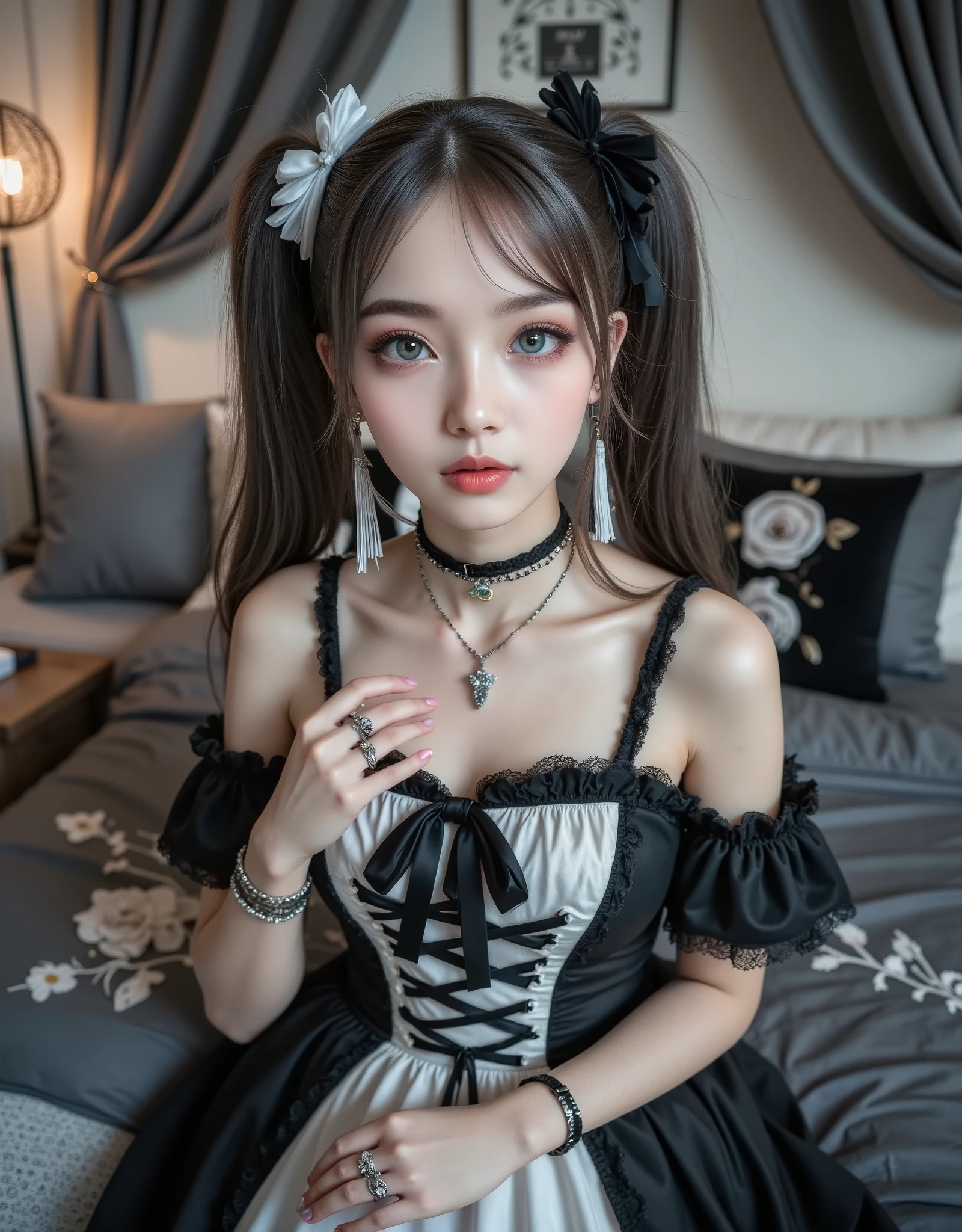 (Canon), (EOS R5), (50mm), ((( photorealistic:1.5))), (No lens flare :1.5), ((超 Hi-Res)), ( Masterpiece), accurate,( by Nomiな質感の肌), super detailed, high detail, high quality , Award-winning work , 最 high quality, 32K, depth of field on the shoulder, digital camera, award-winning glamour photos , professional lighting,(SFW), ((最 high quality:1.5)), (( Masterpiece:1.5)), (( by Nomi)), Hi-Res, by Nomiな影, Roughness, Real Life,(( very beautiful and cute 1 Japanese woman :1.5)), (( cute Japanese top idol )), ((Upper body shot seen obliquely from the front :1.5)), ( upper body shot seen from the side :1.2), (( upper body shot from head to knee :1.8)), (( cute 18-year-old Japanese high school girl )), 1 girl, (( very cute gothic ta girl )), Beautiful and adorable bedroom , ( sitting on the bed), LOOKING HERE, (White and black double knotted hair with curls and black ribbons hanging gracefully ), (( } Wearing a black and white gothic Lolityle dress )), with lots of frills , black socks with gray stripes up to the thigh , Black leather short boots may be placed next to the bed , dreamy and shy expression , Attractive cuteness , seductive pose holding hands, Height: 160cm, slim figure, beautiful shaped big bust , F Cup, cleavage of bust visible, (( very cute smile with slightly visible teeth :1.5)), ( alone:1.5), (Only one person in the bedroom), ( show your hands as little as possible ), ( brown eyes:1.9), ( Detailed depiction of extremely realistic skin ), (Highly detailed, realistic eyes:1.9), ( extremely beautiful long realistic eyelashes ), (Highly detailed, realistic eyebrows), (丸い brown eyes :1.8), ( beautiful catchlight on the eyes), (Realistic lips with moisture ), ( white realistic teeth neatly arranged ), ( Beautiful and Detailed Face :1.6), ( hourglass shape:1.6), (Wasp waist :1.5), ( Perfectly round and beautifully shaped bust :1.8), ( clearly contoured cheekbones :1.5), ( perfect style body :1.8), (Healthy body :1.8), (Narrow shoulders:1.9), ( staring at viewers), ( captivating gaze), (Beautiful, natural-looking hands), ( beautiful white nails with a beautiful length ), ( playful and curious posture ), gray-themed bedroom , ( the whole room is light blue ), Gray wall, gray ceiling, Gray floor, A black pillow with a white and gray floral pattern is placed on a fluffy dark gray bed, gray bed sheets with floral patterns , dark gray curtains with flower patterns , Gray furniture , soft white lighting , ( Dreamy Cozy), fantasy style, Glow effect, Bright dynamic lighting ,