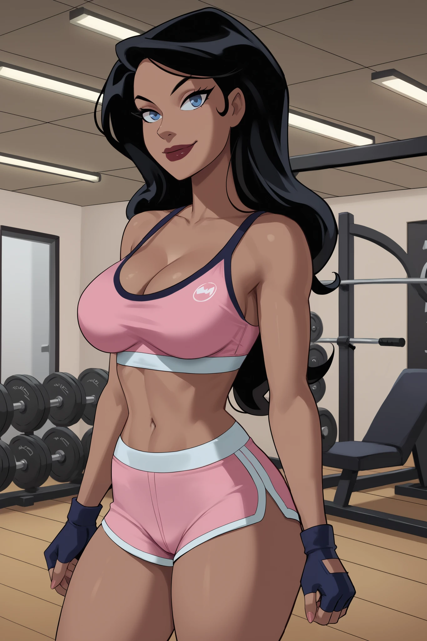 PonyXLV6_Scores BREAK ((parody) perfect anatomy, perfect eyes, cowboy shot), BREAK zatanna zatara, long hair, black hair, dark-skinned female, blue eyes, lipstick, ((looking at viewer)), long hair, neon pink racerback bra, neon pink workout shorts, large breasts, curvy, toned, athletic, standing, indoors, smiling, closed mouth, gym, neon pink fingerless gloves