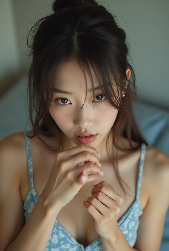 ((Lying face down in a dirty living room looking at a smartphone)) ,　detailed Room wear , loose ????? camisole, Age 13, Twin tail hair , Twisted eyes,