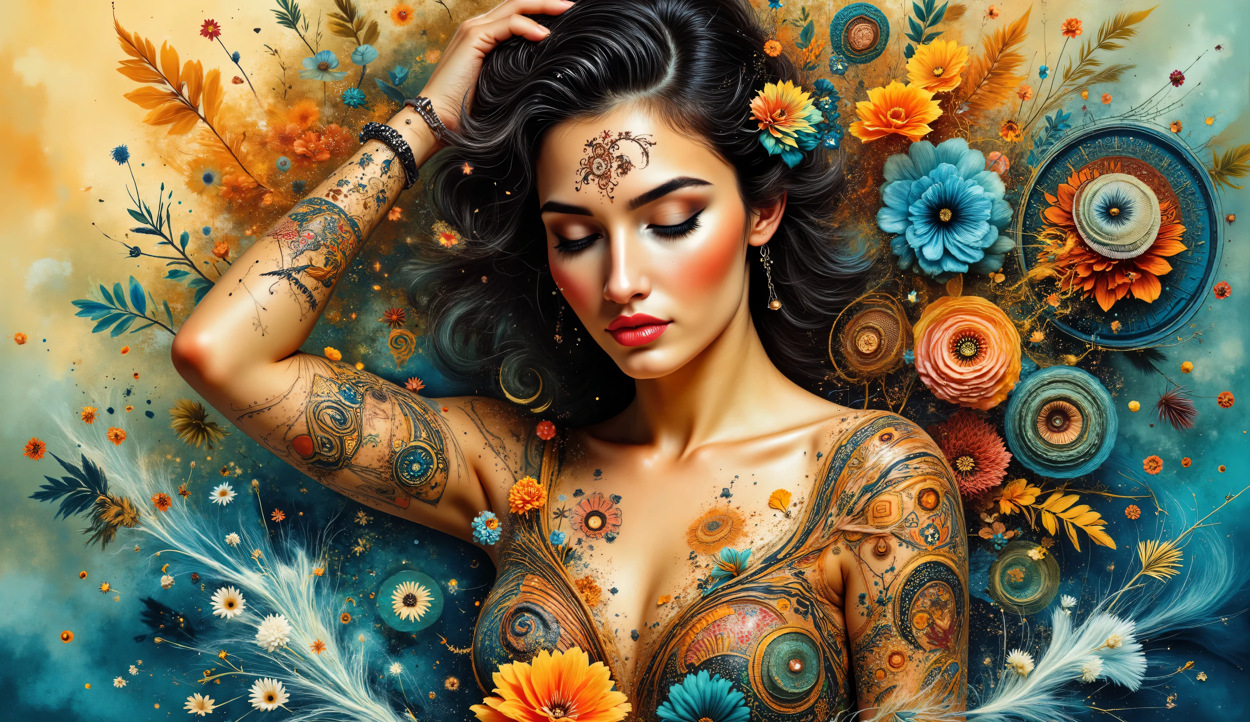 a stylized portrait of a woman intricately woven into an artistic composition filled with swirling patterns and vibrant colors. Her face is serene and adorned with detailed designs around her eyes and forehead, which blend harmoniously with flowing hair that echoes the movement of waves.
Interspersed among her dark and flowing locks are vibrant leaves and decorative elements in shades of teal, orange, and cream. Her arm is partially visible, displaying a mesmerizing array of swirling designs reminiscent of tattoos, complemented by circular motifs and leaves. The overall effect creates an enchanting connection between the figure and the natural elements surrounding her, evoking a sense of harmony between humanity and nature.
