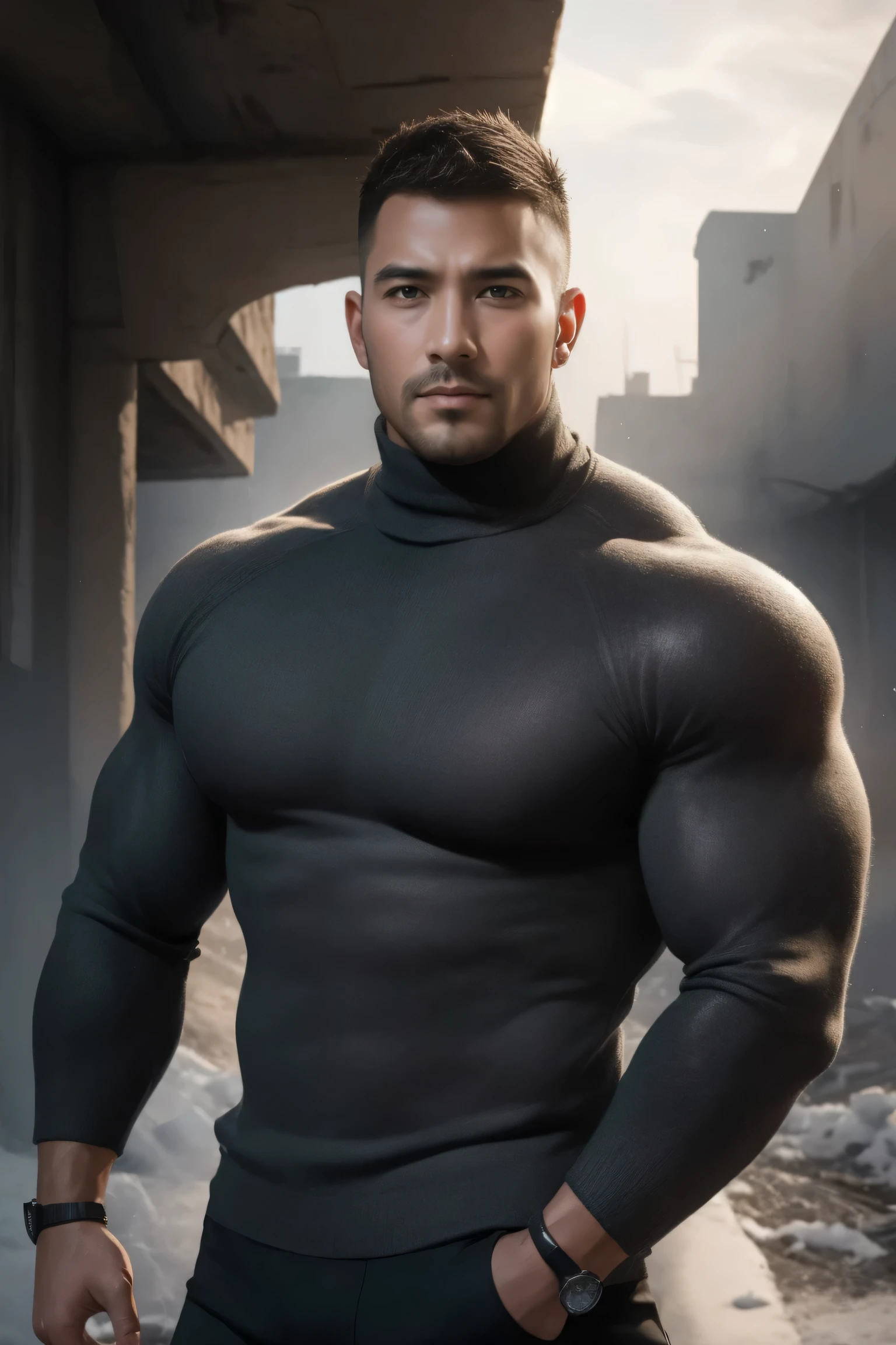 1个 muscular man, buzz cut,Ruins in an abandoned city, Wear a gray long-sleeved turtleneck ski thermal tights, Soft and waxy texture of the sweater,He has a sad expression, Lift your chin, messy hair, thick thighs , Wear a long-sleeved, high-neck ski thermal tights, Soft and waxy texture of the sweater,, Very tight, Regular symmetrical pattern, High Aimslight muscles, 警服裤, character concept (buzz cut Chris Redfield) proud expression, Deep charming eyes, Heroic male pose, tall Burly, Muscular ! Muscular thighs, Tough Guy, Perfect facial features, High Aims, Burly, Heqiang, Super exquisite and cool, High Aims Resolution Committee, Extraordinary Charm , The sun is strong, is dazzling