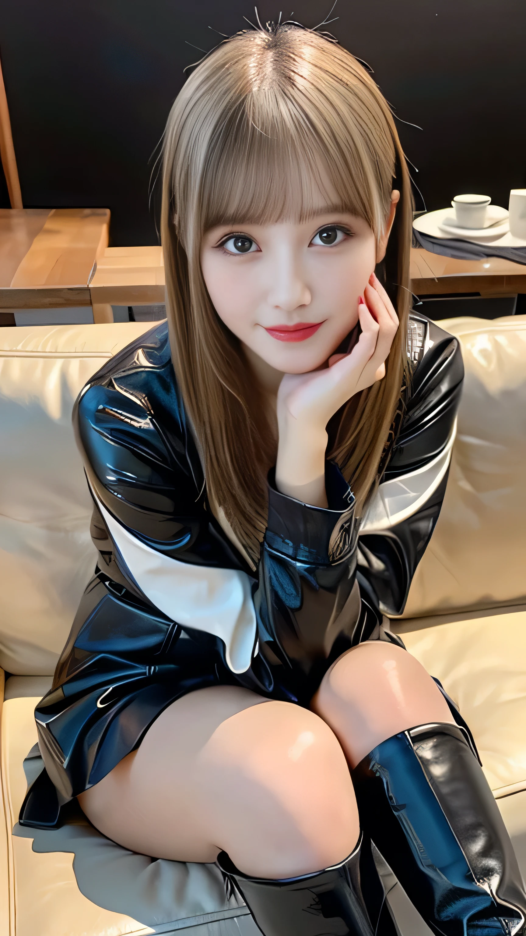 front view:1.7, large breast:1.4, ((focus on crotch)), genuine leather inner tube top, sitting and hugging own legs on a sofa:1.5, one girl, High resolution ,blonde hair, Light Hair Color, sexy, Beautiful eyelashes ,High resolution ,Zoom out ,20-year-old ,Highest quality ,Very detailed ,Finer details ,High resolution ,8k wallpaper ,Beautiful eyes in every detail ,Natural lip color ,very beautiful:1.5, Full body,front view:1.5,looking camera, (riders leather thick Jacket,knee high boots, very high gloss,brown leather pleated mini thick skirt, Little Devil Smile), curvy thighs:1.5, (a beauty girl, delicate girl:1.3), break, very fine eyes, (symmetrical eyes:1.3), break,brown eyes, parted bangs,best smile, break, (eyes and faces with detailed:1.3), break, (masterpiece, best quality, ultra detailed, detailed face, 8k)