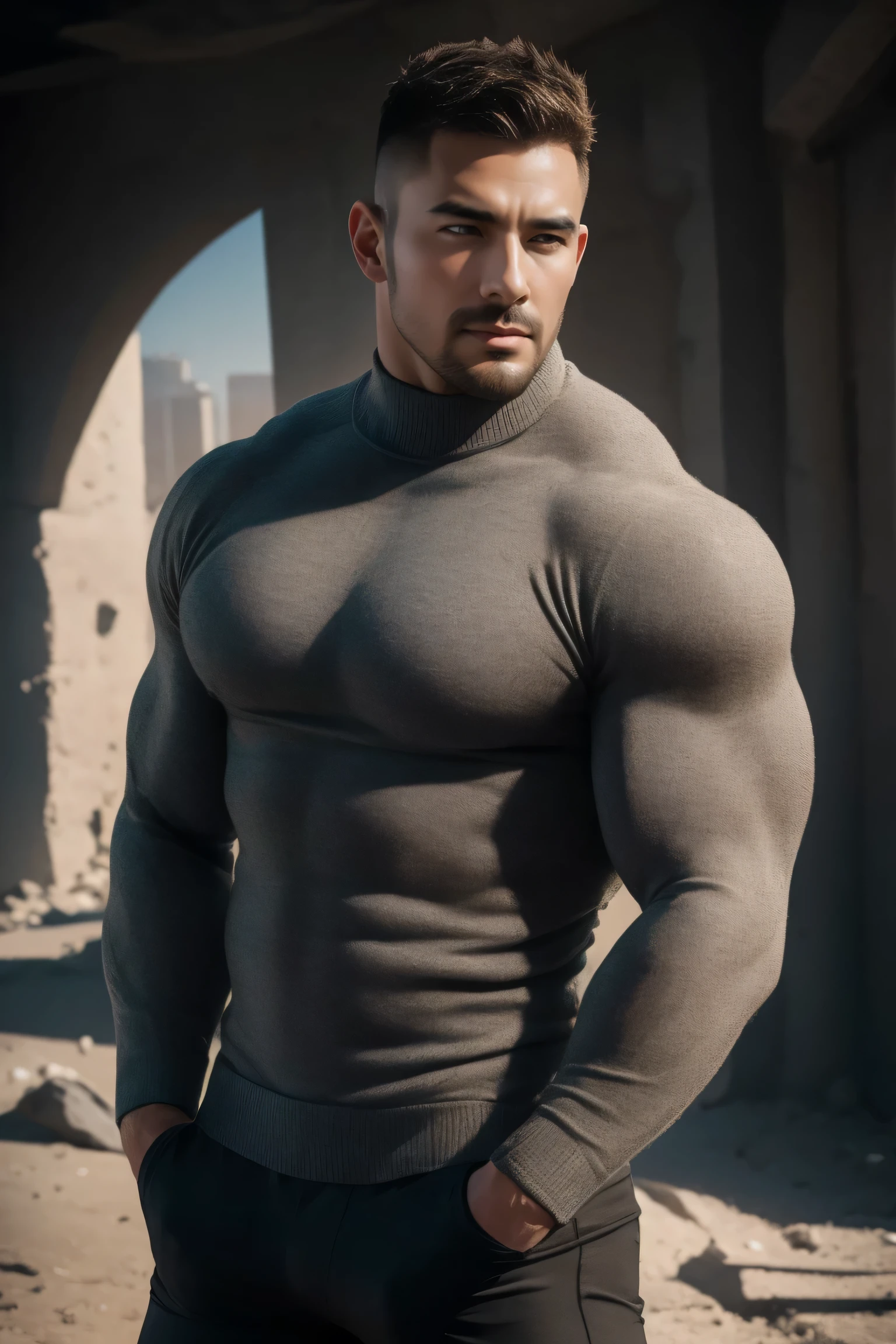 1个 muscular man, buzz cut,Ruins in an abandoned city, Wear a gray long-sleeved turtleneck ski thermal tights, Soft and waxy texture of the sweater,small fluff,He has a sad expression, Lift your chin, messy hair, thick thighs , Wear a long-sleeved, high-neck ski thermal tights, Soft and waxy texture of the sweater,, Very tight, Regular symmetrical pattern, High Aimslight muscles, 警服裤, character concept (buzz cut Chris Redfield) proud expression, Deep charming eyes, Heroic male pose, tall Burly, Muscular ! Muscular thighs, Tough Guy, Perfect facial features, High Aims, Burly, Heqiang, Super exquisite and cool, High Aims Resolution Committee, Extraordinary Charm , The sun is strong, is dazzling