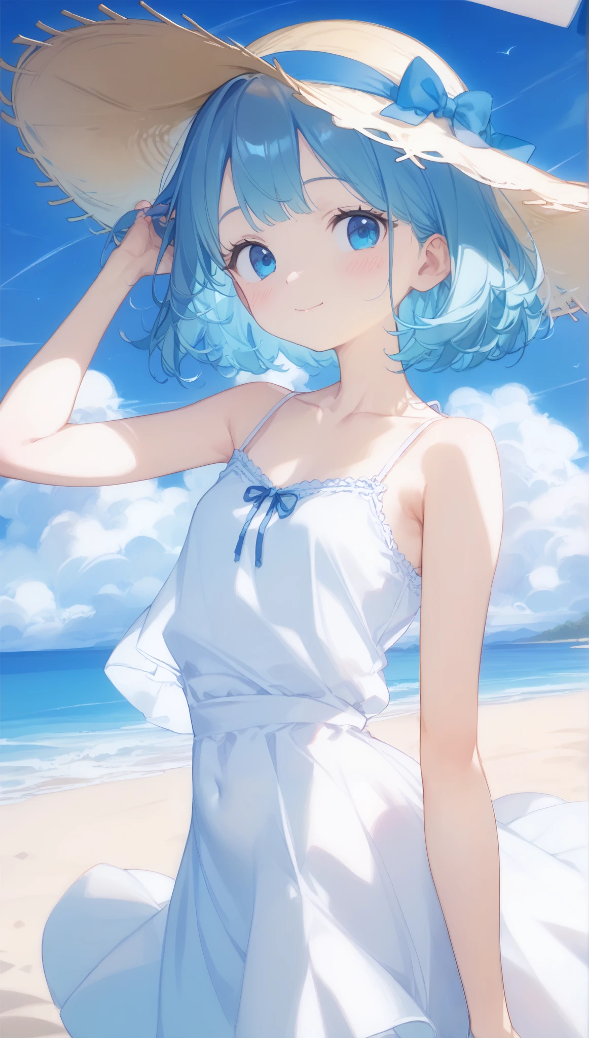 Japanese 、 blondes、 short bob、 big breasted 、( slim stomach: 1.2), ( slender body: 1.22), ((( camisole dress at the office at night、 white dress、 cute camisole ))), straw hat、(((summer、 white sand beach、 blue sky、Blue Sea:1.7、Cumulonimbus)))