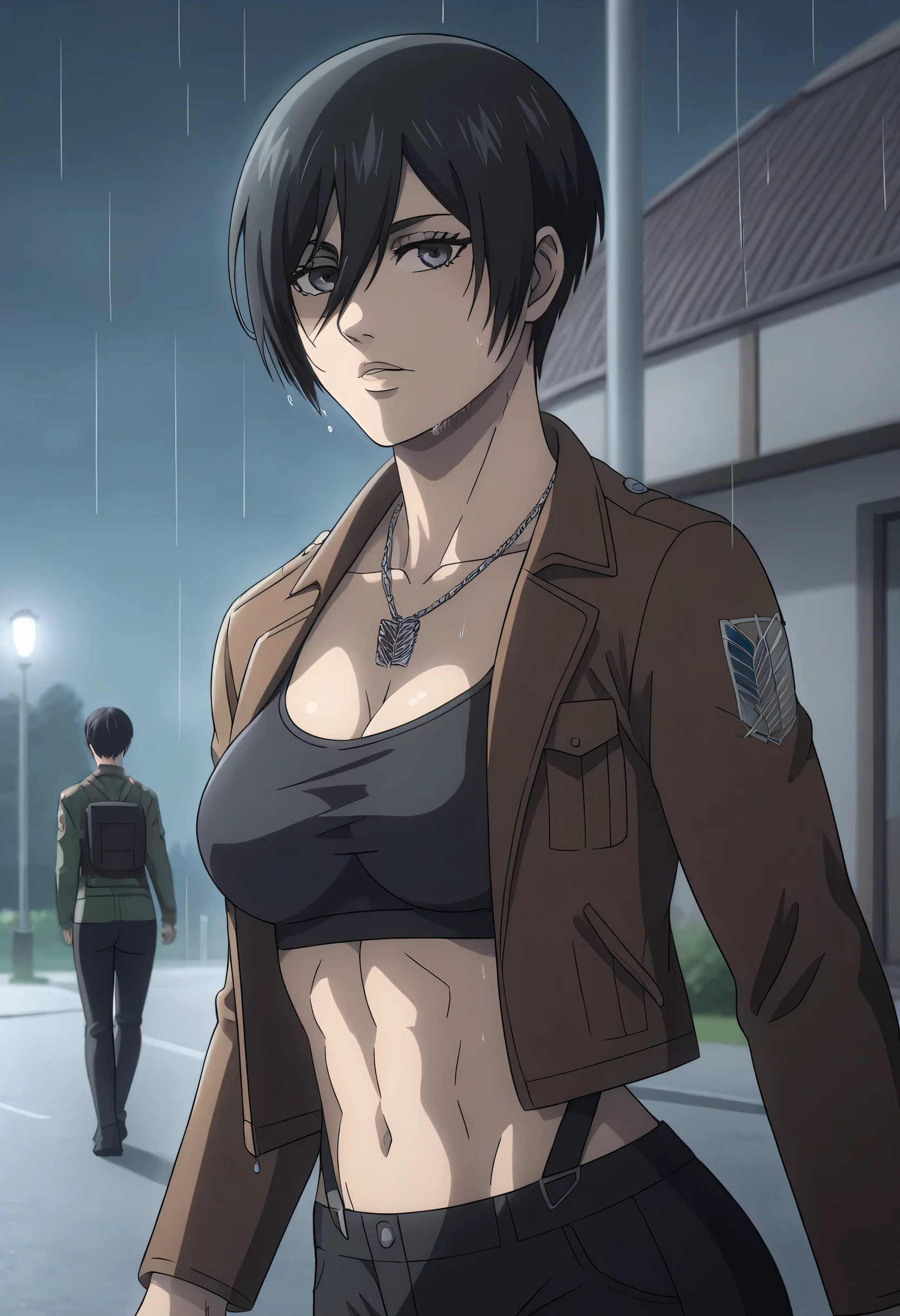 score_9, score_8_up, score_7_up, BREAK source_anime, mikasa ackrman, grey eyes, black hair, short hair, medium breasts,Mikasa wreanig open green jacket with sport black bra and black loose military trousers,mikasa with good looking body,perfect lighting,mikasa final season design,mikasa mappa version,walking on street,Perfect generation,mikasa boy hairstyle,mikasa season 4 version,attack on titan graphics,in night,HD wallpaper,perfect colors,pixie cut hairstyle,fighting face,raining,wet body,mikasa wreanig chains necklace,mikasa flat stomach,mikasa only six-pack,normal body size,anime style tone six-pack,Marly suits,