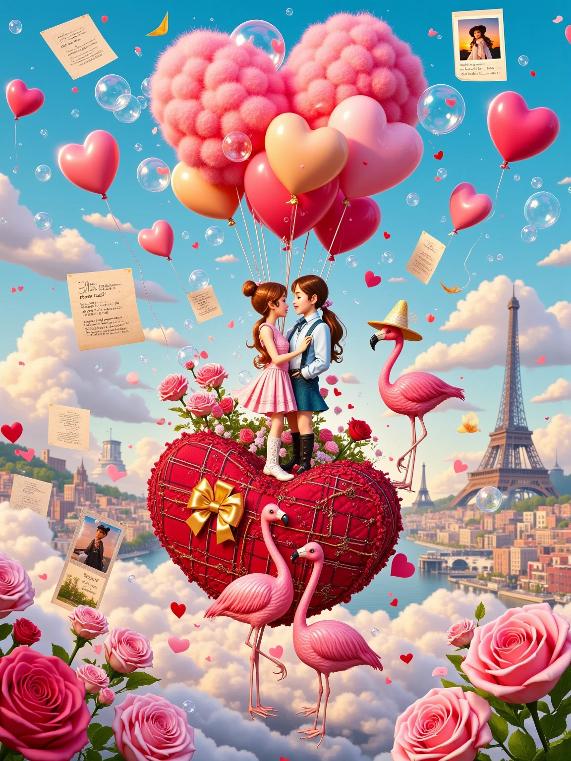 postcard, a little boy gives a little girl a Valentine, in a beautiful garden (holding ((Valentine)), heart) kiss, summer short miniskirt, Paris, Eiffel Tower, Sunny day, detailed faces, lens focus on face, heart-shaped balloons, flying particles, blurred background, depth of field, ultra quality, 8k, floral dress, floral dress, on parchment