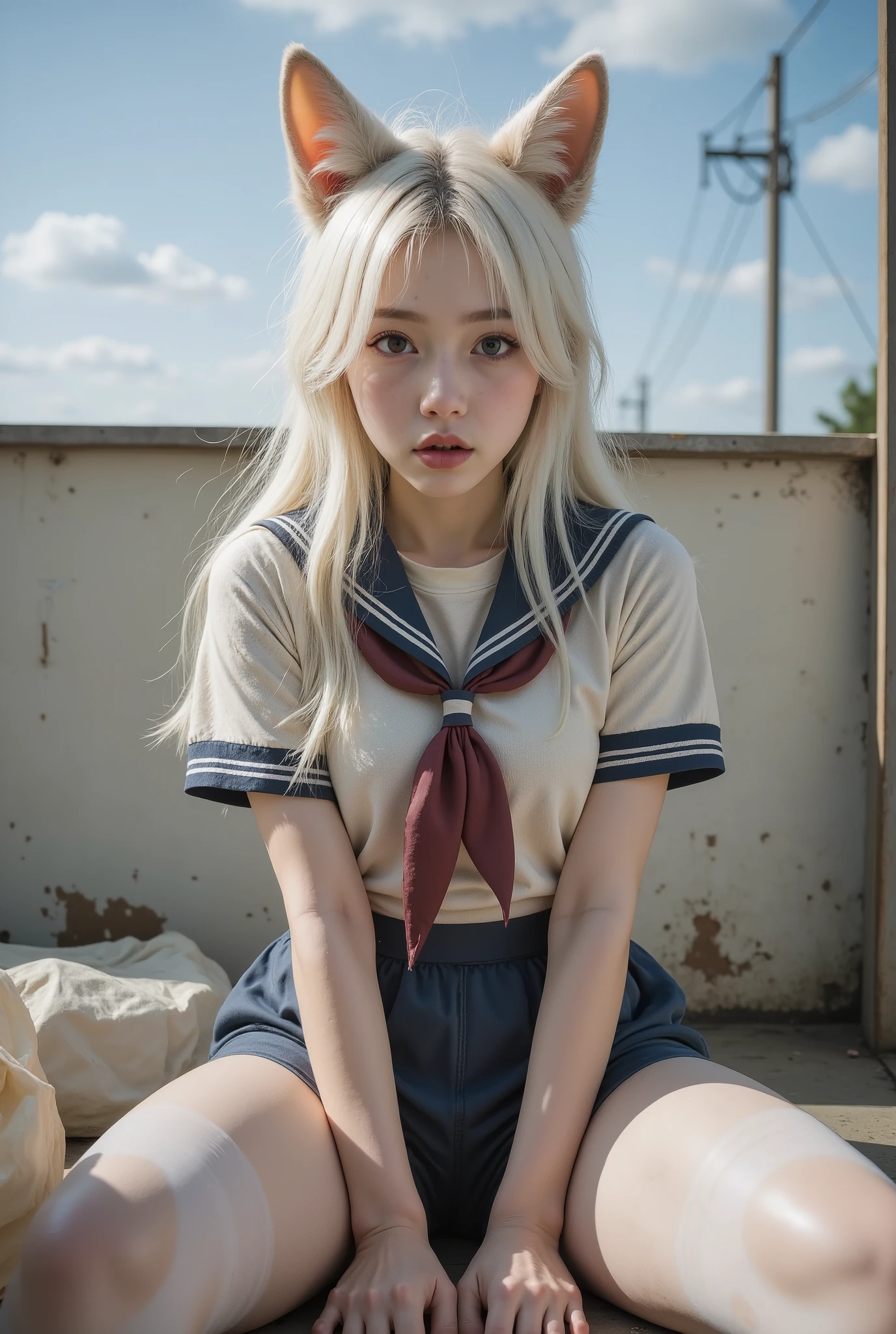 1 girl working part-time,Dirty,foot,foot底, red eyes,breast,, long hair,White hair,foot趾,foot部焦点, looking at the audience ,sit,sweat, open mouth ,Dirty foot,Outdoor,Sky, bangs, white pantyhose, Fox Ears ,There' dirt on the body, sailor uniform