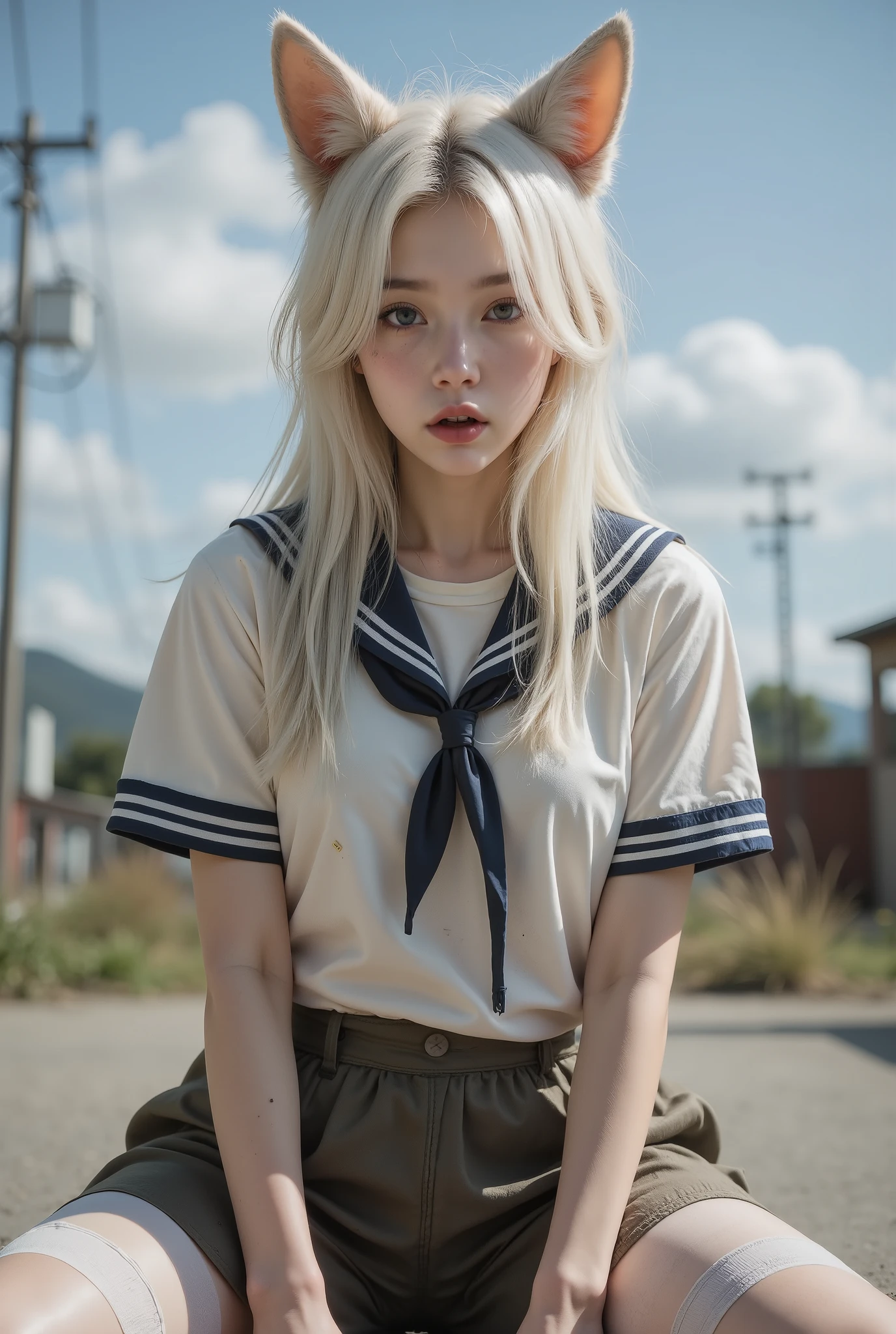 1 girl working part-time,Dirty,foot,foot底, red eyes,breast,, long hair,White hair,foot趾,foot部焦点, looking at the audience ,sit,sweat, open mouth ,Dirty foot,Outdoor,Sky, bangs, white pantyhose, Fox Ears ,There' dirt on the body, sailor uniform