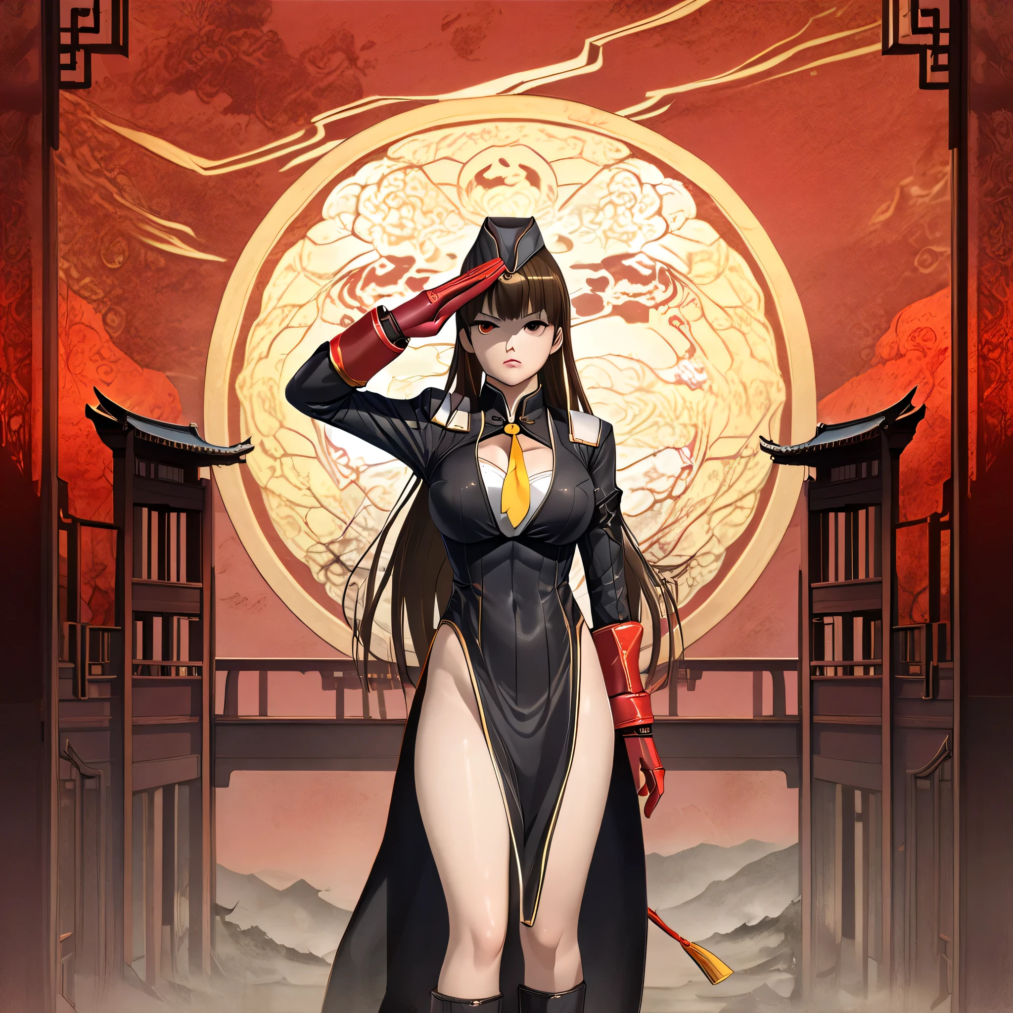 anime, (masterpiece), (best quality), (ultra-detailed), (best illustration), (best shadow), (absurdres), (detailed background), (very aesthetic), shiny, detailed beautiful eyes, outstanding, countershading, detailed soft lighting, an exquisite animation illustration, 1girl, solo, anheang, Dollsuit, thighthigh, dark persona, empty eyes, expressionless, blank eyes, looking at viewer, red gloves, yellow necktie, full body, emotionless, Fighting Stance, hair ornament, submissive pose, seductive pose, large breast, huge breast, leifang, brown hair, long hair, straight hair, brown eyes, (((chinese background, apocalyptic background, salute, saluting)))