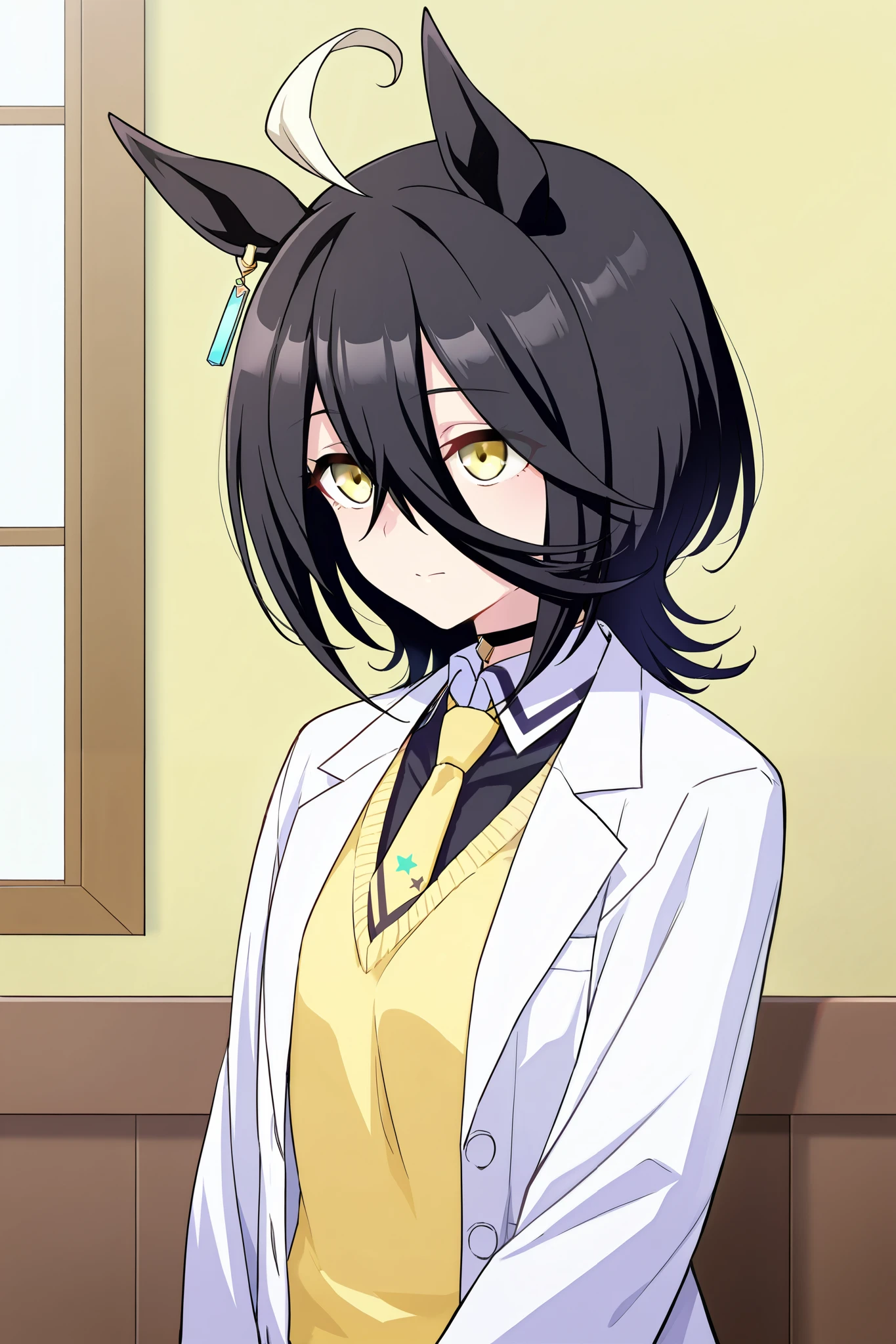 ultra-detailed, (best quality, masterpiece, ultra detailed, ultra high res, absurdres, high-resolution, highest quality, very aesthetic, textile shading, offcial art), (detailed eyes), (detailed face), nsfw, uncensored, source anime, (nasuno /(nasuno42/):0.8), (manhattan cafe /(umamusume/), (alternate hairstyle, wolf cut, medium hair), upper body, labcoat, black shirt, dress shirt, yellow sweater, necktie