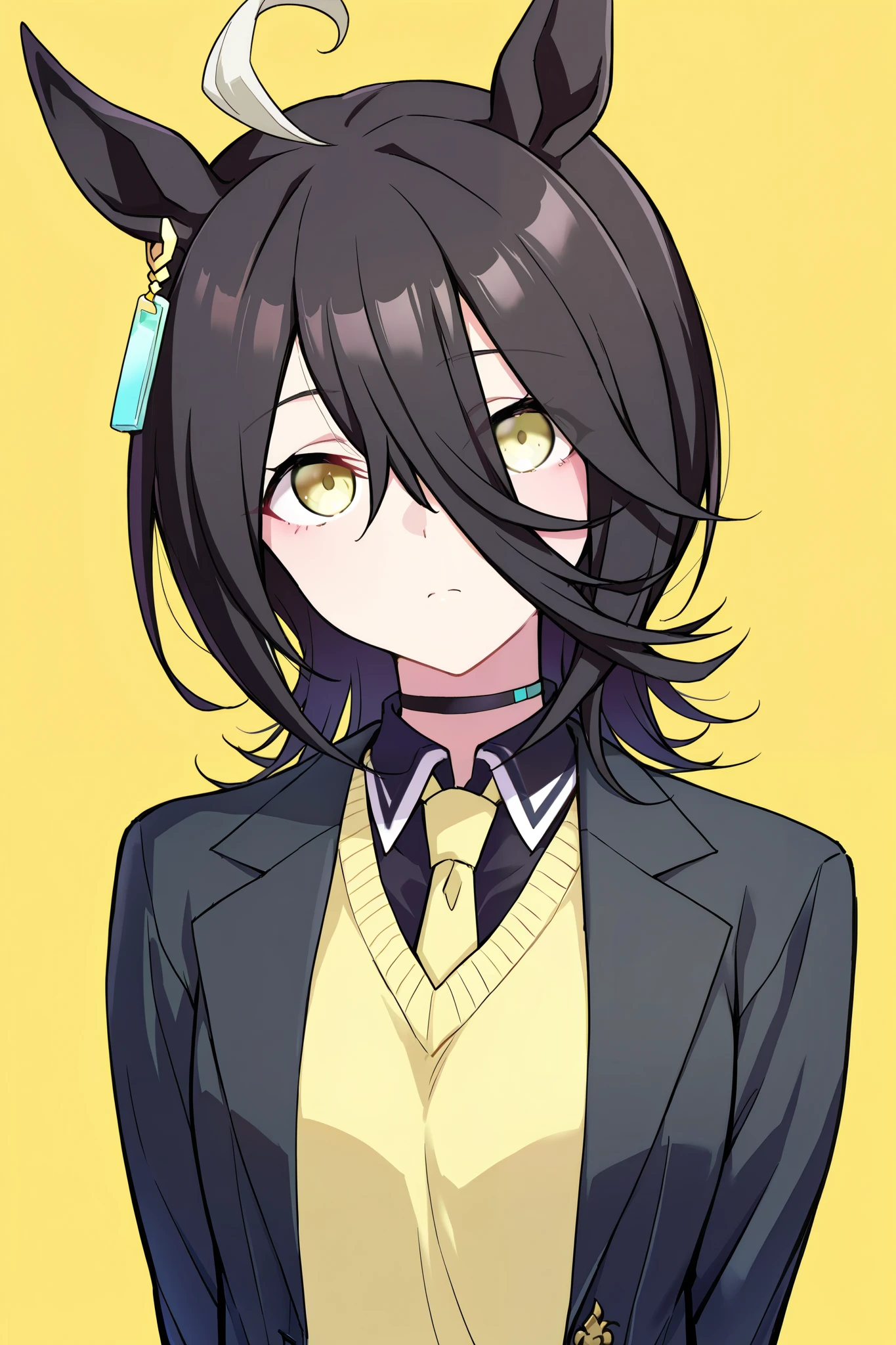 ultra-detailed, (best quality, masterpiece, ultra detailed, ultra high res, absurdres, high-resolution, highest quality, very aesthetic, textile shading, offcial art), (detailed eyes), (detailed face), nsfw, uncensored, source anime, (nasuno /(nasuno42/):0.8), (manhattan cafe /(umamusume/), (alternate hairstyle, wolf cut, medium hair), upper body, labcoat, black shirt, dress shirt, yellow sweater, necktie, looking at viewer,
