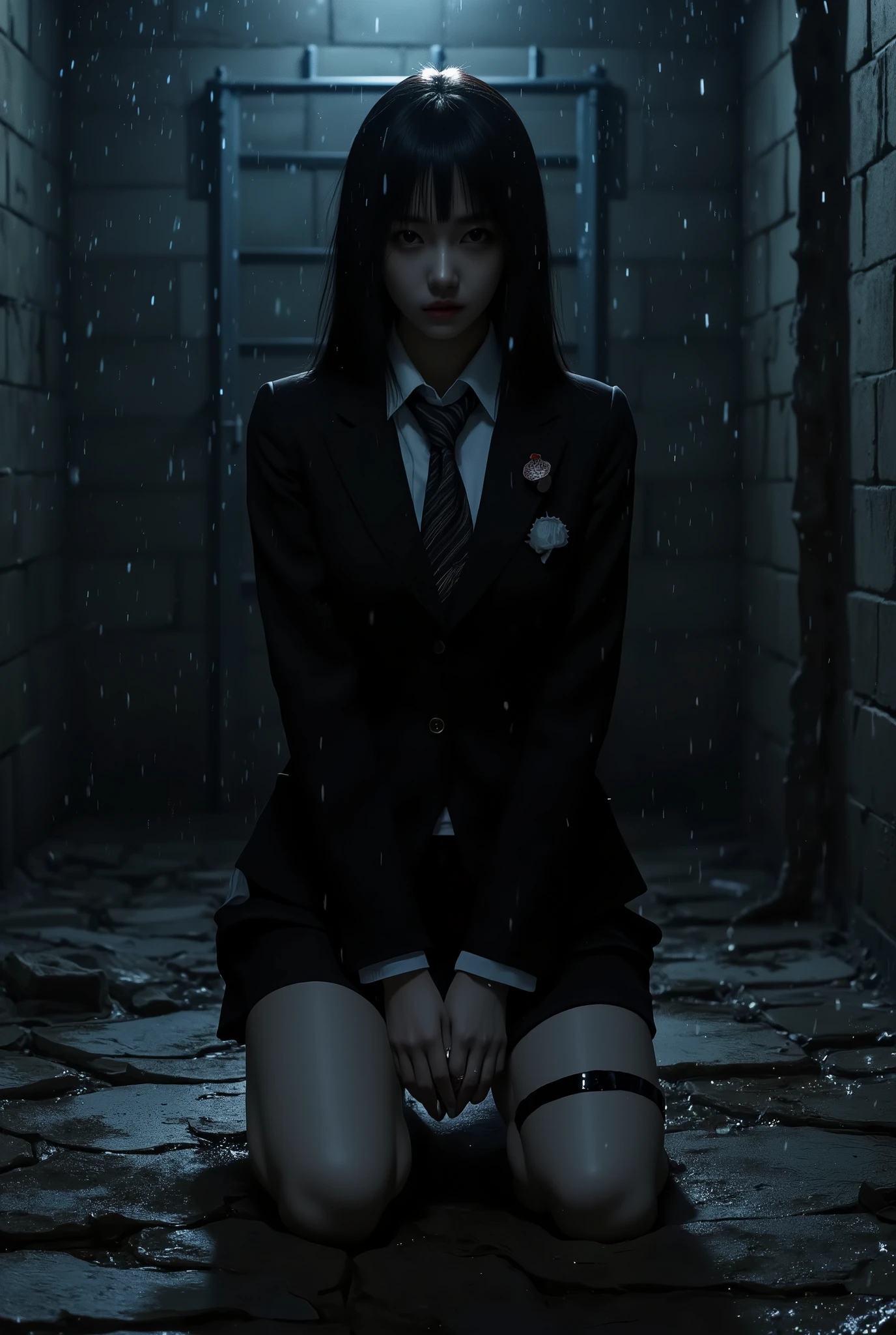 score_9, score_8_up, score_7_up, source_anime, realistic,(business attire),beautiful japanese woman,tape gag,(shibari on wear),sit in a kneeling position,damp stone cold floor,rotting prison,dimly lit prison,cracked stone tiles,moist air,handcuffs