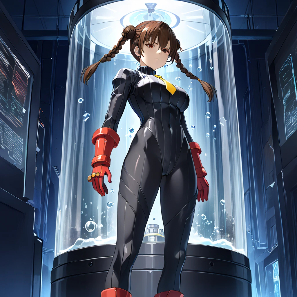 ultra-detailed, Explicit, Beautiful body, Beautiful Nose, Beautiful character design, perfect eyes, perfect face, ultra highres, 4K, beautiful legs, perfect legs, Nice hands, Perfect hand, Masterpiece, Best Quality, Highly detailed, illustration, absurdres, street fighter, doll suit, shadaloo doll, dollsuit, expressionless, blank eyes, looking at viewer, red gloves, emotionless, black latex, corrution, mind control, female combatant, full body, hypnotized, unhappy trance, full body suit, ribbed bodysuit, both arms at side, obey, perfect female body, extremely glossy latex, hypnosis, hypnoLora, empty eyes, Mind control device, poses, submissive_pose, Slave, hat, necktie, stand up straight, standing, standing at attention, hat, necktie, belt, latex, ribbed bodysuit, thighhighs, garter belt, Fighting Stance, extending the right arm from the shoulder into the air with a straightened hand, nazi saluting, military, military saluting, salute, thigh boots, solo, 1girl, Brown hair, short hair, brown eyes, Younger Shouko Nishimiya, A Silent Voice / Koe no Katachi