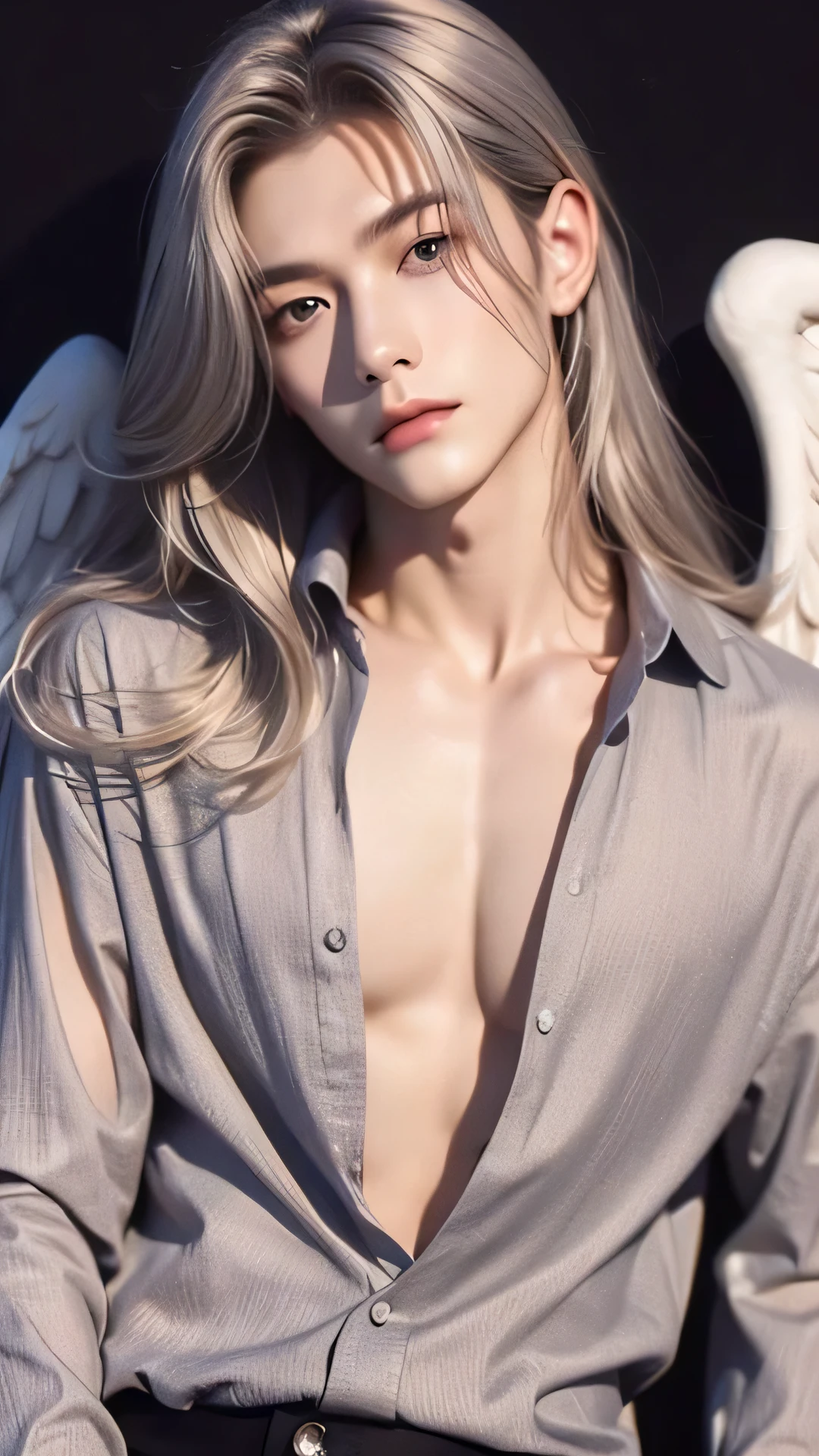  Archangel Michael、delicate、Beautiful face man、 long silver hair 、 spiritual、whole body