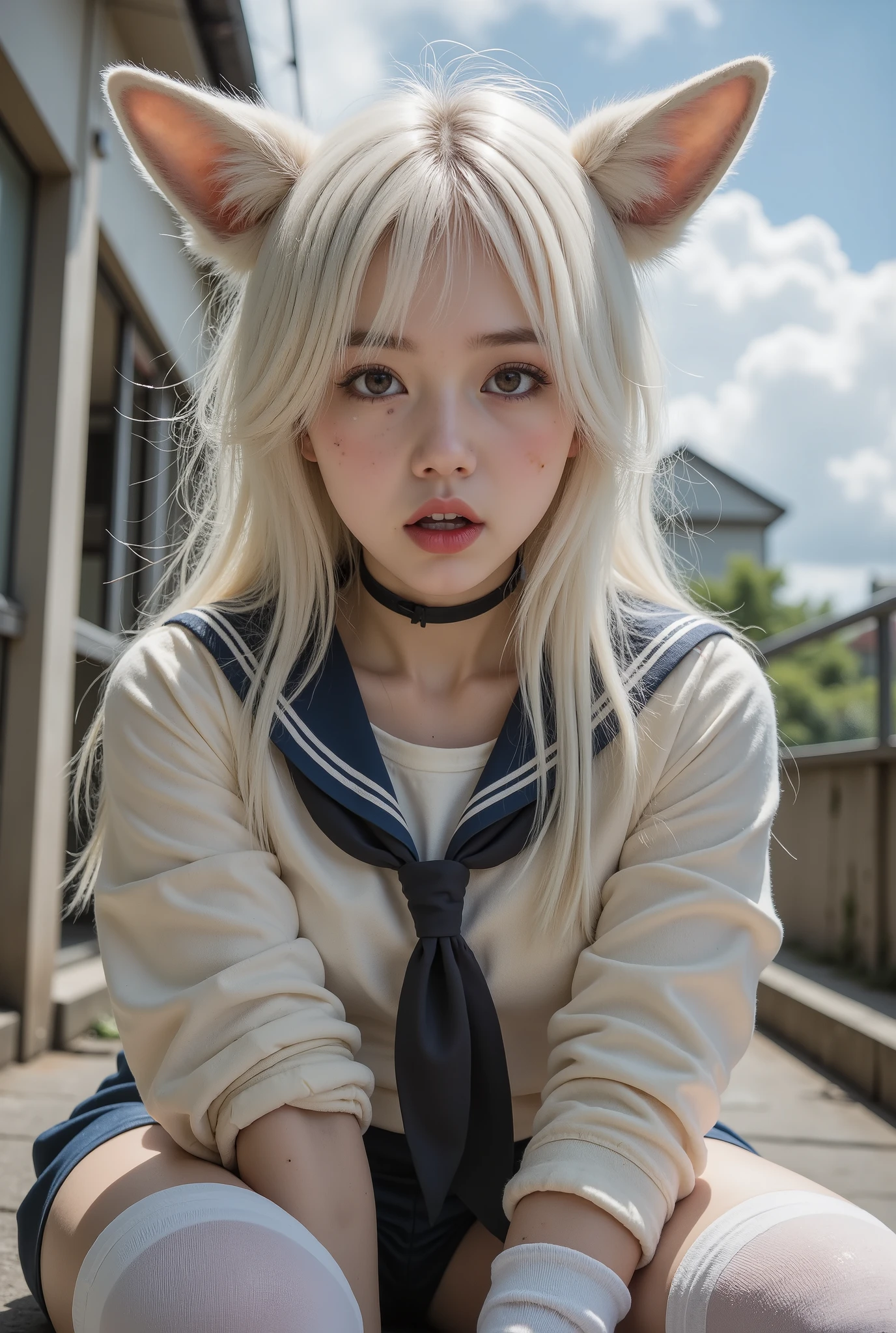1 girl working part-time,Dirty,foot,foot底, red eyes,breast,, long hair,White hair,foot趾,foot部焦点, looking at the audience ,sit,sweat, open mouth ,Dirty foot,Outdoor,Sky, bangs, white pantyhose, Fox Ears ,There' dirt on the body, sailor uniform