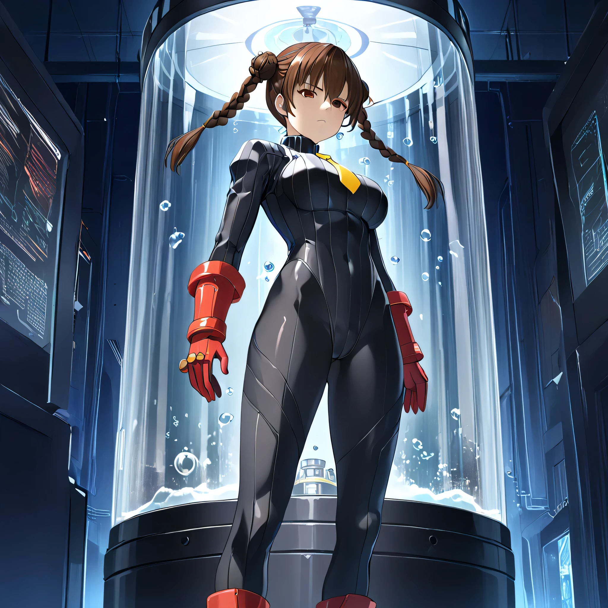 score_9, score_8_up, score_7_up, score_6_up, source_anime, closed eyes, ((stasis tank, in container)), air bubble, glowing, floating hair, anime, (masterpiece), (best quality), (ultra-detailed), (best illustration), (best shadow), (absurdres), (detailed background), (very aesthetic), shiny, detailed beautiful eyes, outstanding, countershading, detailed soft lighting, an exquisite animation illustration, 1girl, solo, anheang, Dollsuit, thighthigh, dark persona, empty eyes, expressionless, blank eyes, looking at viewer, red gloves, yellow necktie, full body, emotionless, Fighting Stance, hair ornament, submissive pose, seductive pose, large breast, huge breast, LeiFangDOA, brown hair, twin braids, double bun, bun cover, brown eyes, side braids, braided hair rings,
