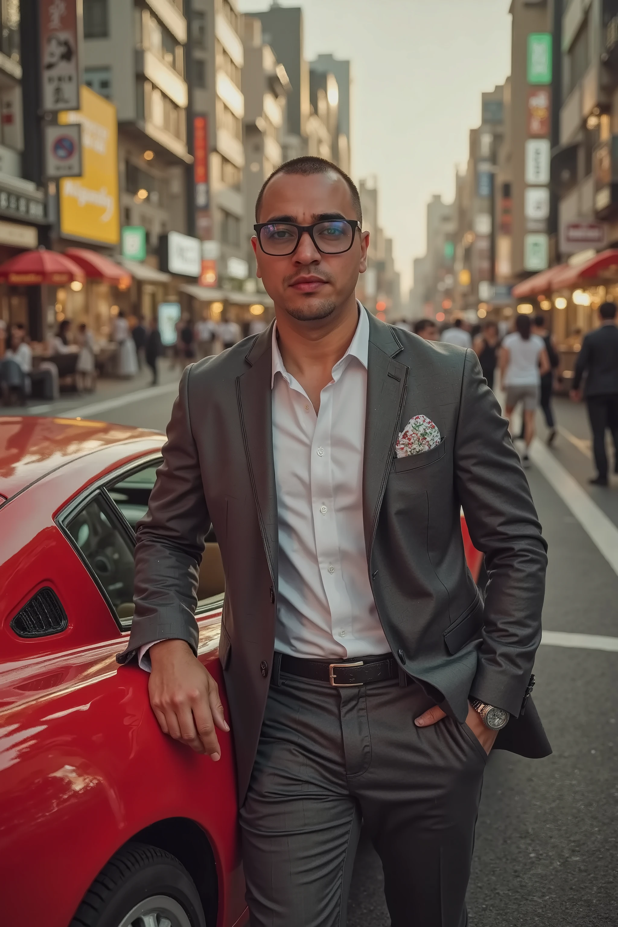 A strong, stylish and chic man in his 30s, wearing an Armani suit and Ray-Ban sunglasses, oozing trust . He is leaning against a red Ferrari F50 , with the doors opening upwards , on a busy Tokyo street , with tall buildings and vibrant lights in the background . The lighting is golden , as if it were a sunny late afternoon . The atmosphere is one of luxury , ostentation and success . Car magazine photography style , with high quality and sharp focus .