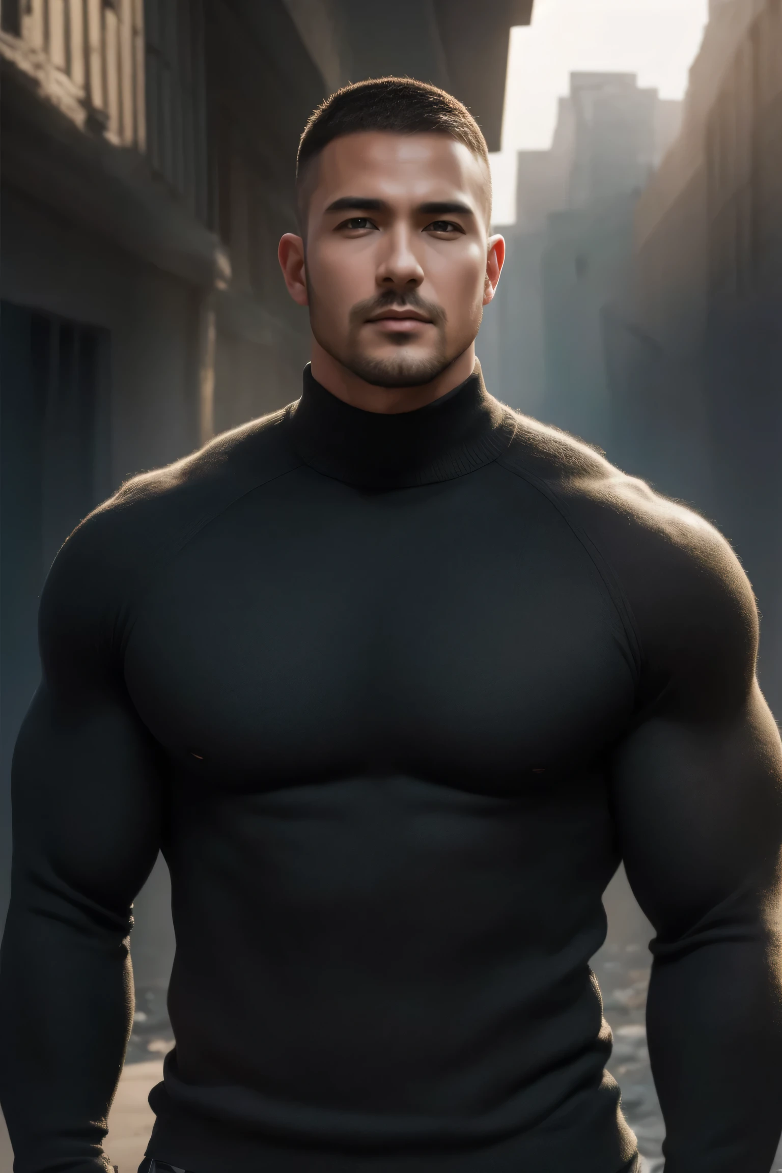 1个 muscular man,  buzz cut，Ruins in an abandoned city， Wear a long sleeve high neck body contouring bodysuit for men, Soft and waxy texture of the sweater，He has a sad expression， Lift your chin,  messy hair,   thick thighs  , Wear a long sleeve high neck body contouring bodysuit for men, Soft and waxy texture of the sweater，, Very tight, Regular symmetrical pattern, High Aimslight muscles, 警服裤,  character concept （buzz cut Chris Redfield） proud expression,  Deep charming eyes, Heroic male pose, tall Burly,  Muscular ！ Muscular  thighs, Tough Guy, Perfect facial features, High Aims, Burly, Heqiang, Super exquisite and cool, High Aims Resolution Committee, Extraordinary Charm , The sun is strong,  is dazzling