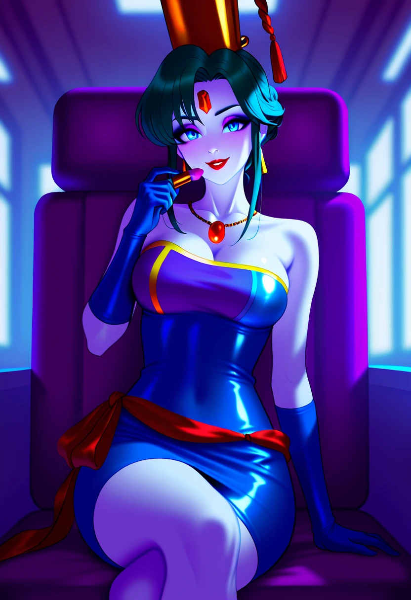 score_9, score_8_up, score_7_up, score_6_up, masterpiece, perfect face, perfect hands, high quality, source_cartoon, (1girl, solo,) DEMI-DH, android, robot joints, detached collar, large breasts, blue hair, short hair, blue lips, high heels, nipple slip, naughty face,