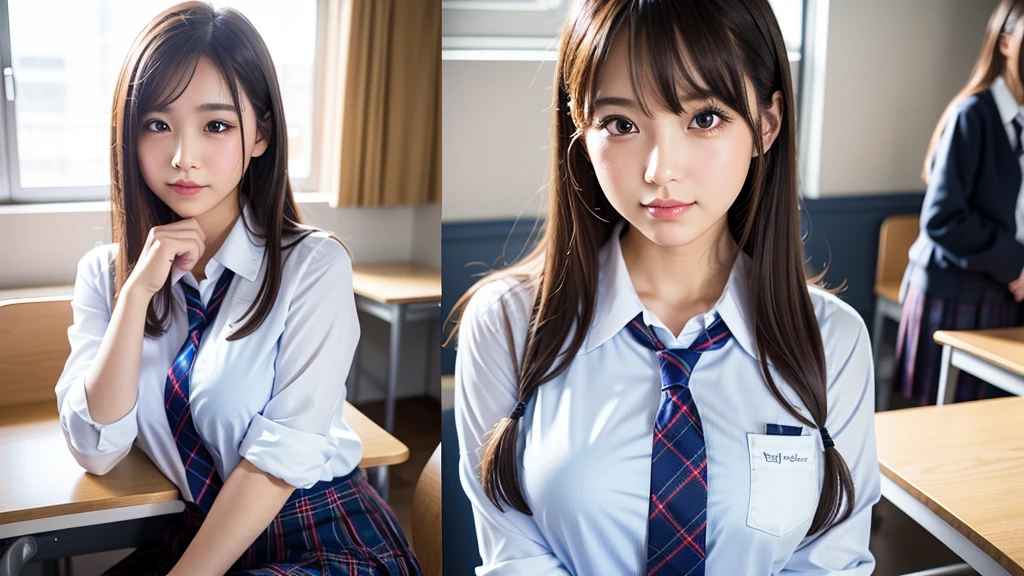 (Best quality, 8k, 32k, Masterpiece, UHD, photorealistic,natural light:1.2),Photo of very pretty Japanese young 1girl wearing school uniform,full body shot ,((solo)), large breasts,lowra,blue necktie,very cute, extremely detailed eyes and face, eyes with beautiful details,round face,bangs,medium black hair,solo,1girl,class room